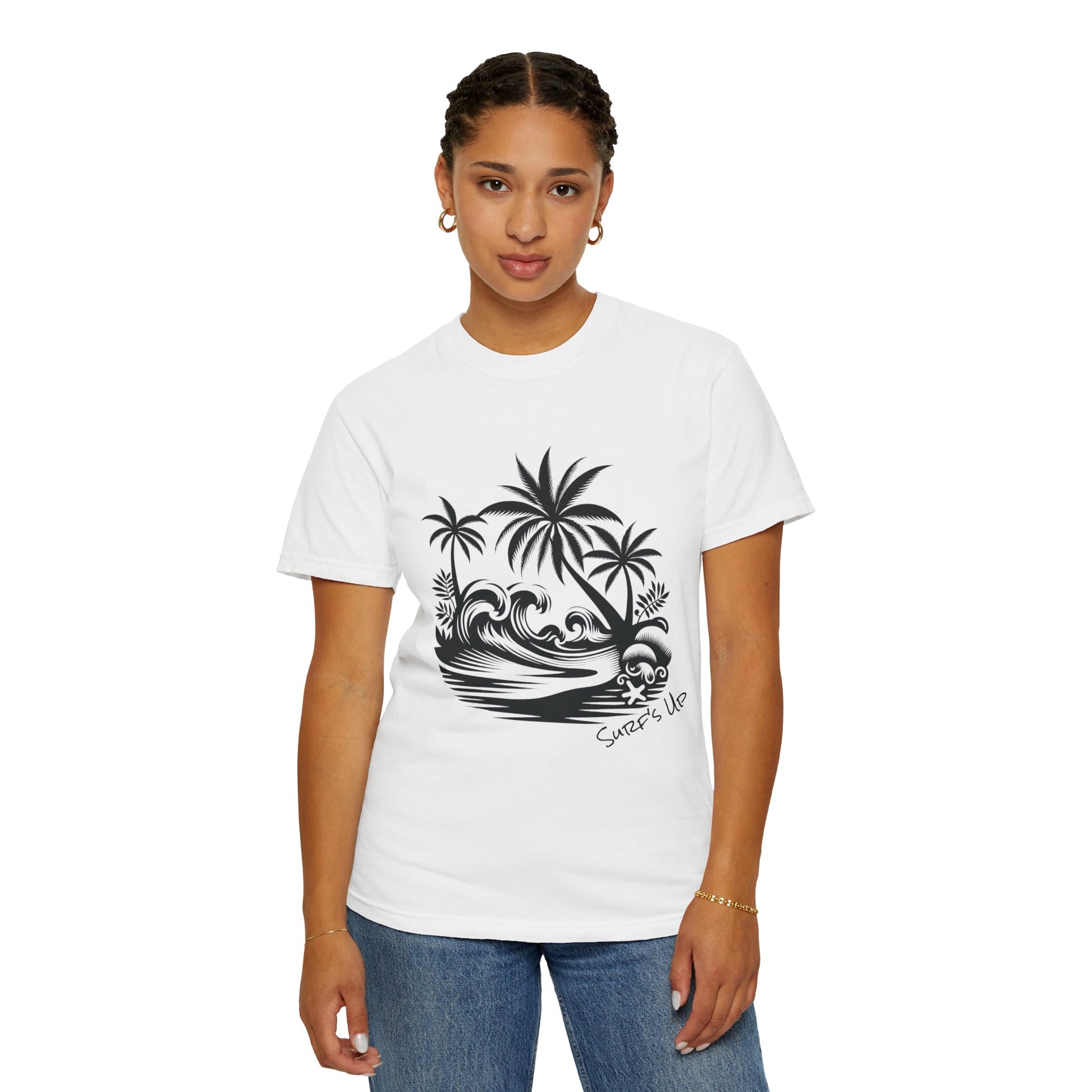 Person wearing a white t-shirt with a black palm tree and wave design on a white background