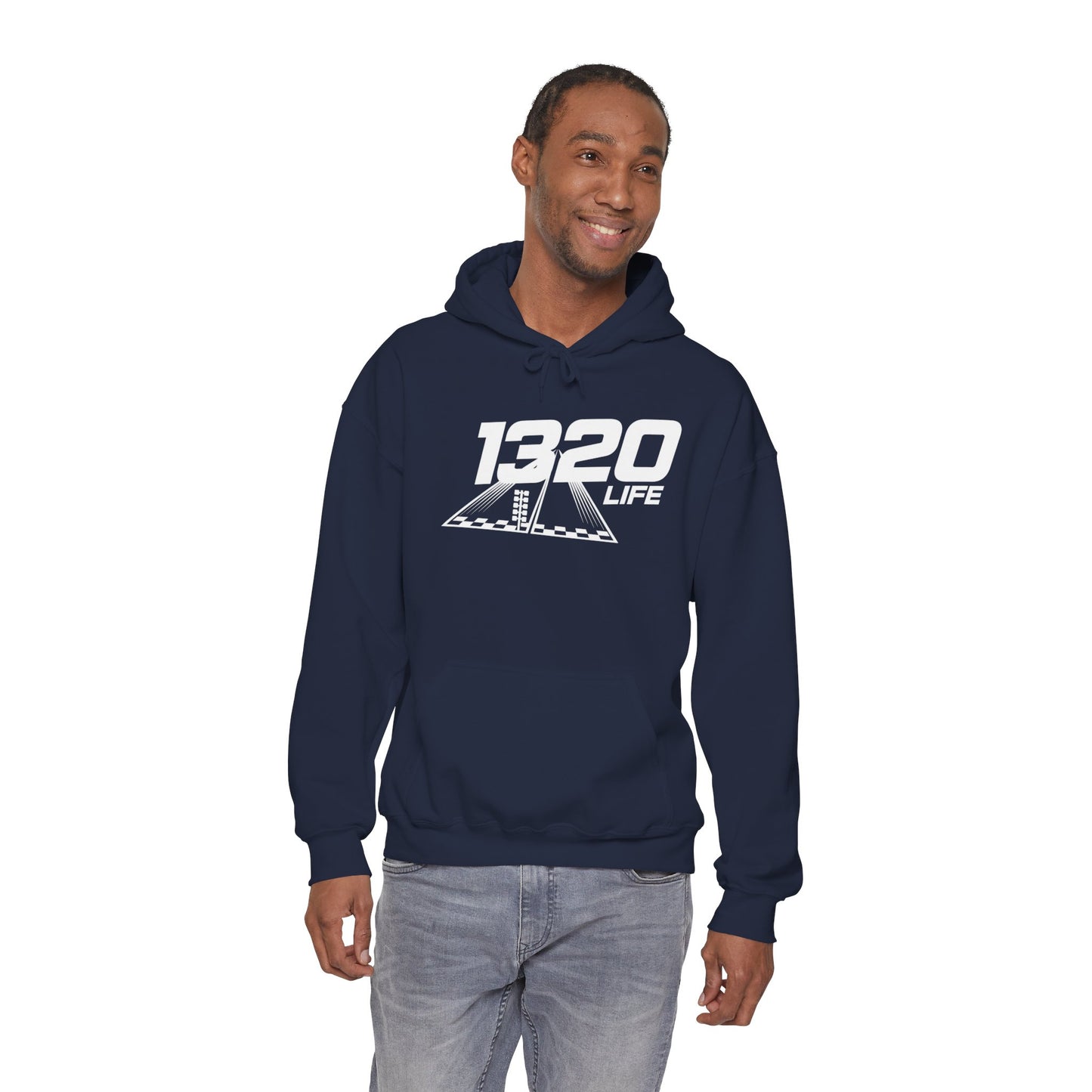 Man wearing a navy hoodie with '1320 LIFE' text on a white background