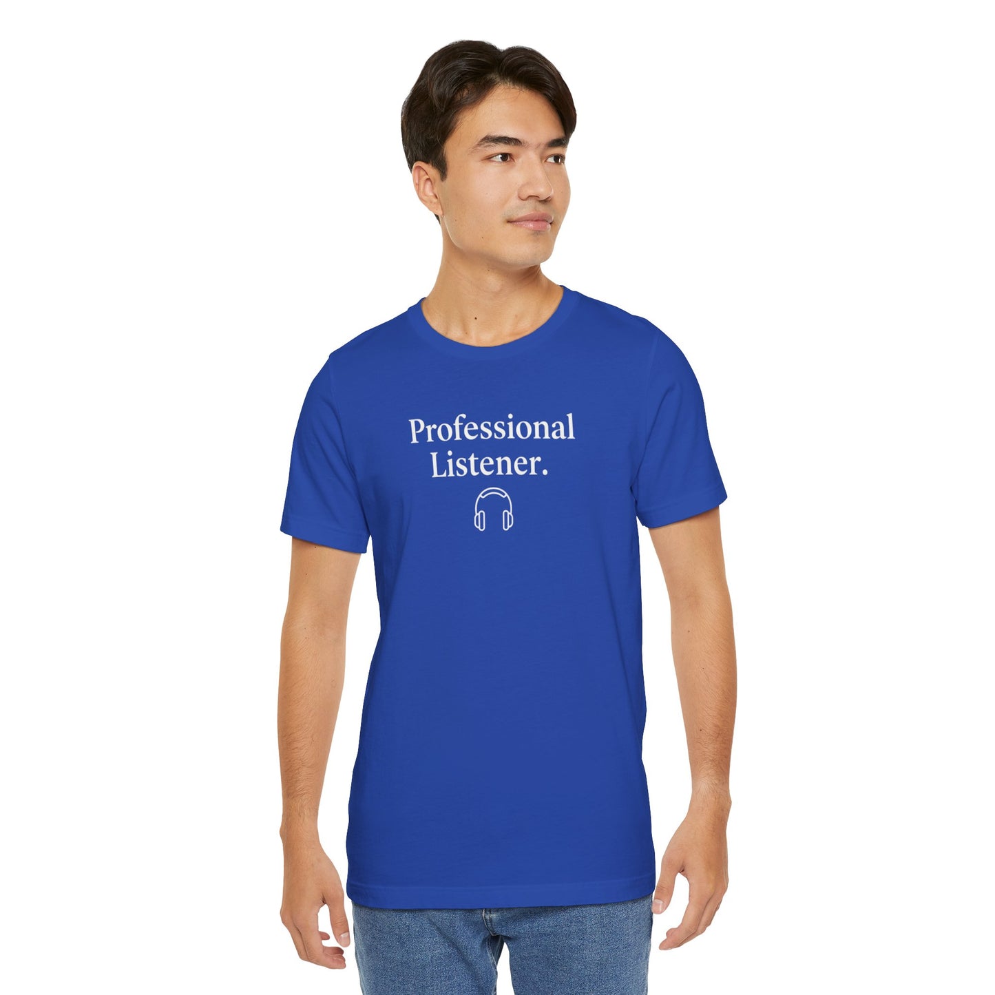 Man wearing a blue t-shirt with 'Professional Listener' text and headphones graphic on a white background