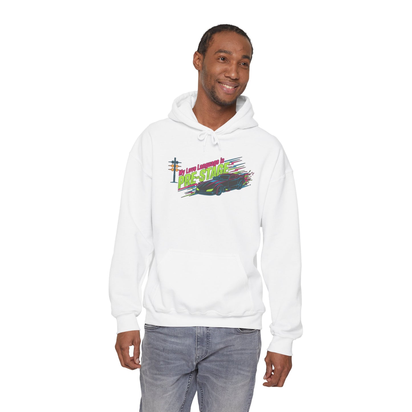 Man wearing a white hoodie with colorful graphic design and text 'My Love Language is Pre-Stage' on a white background