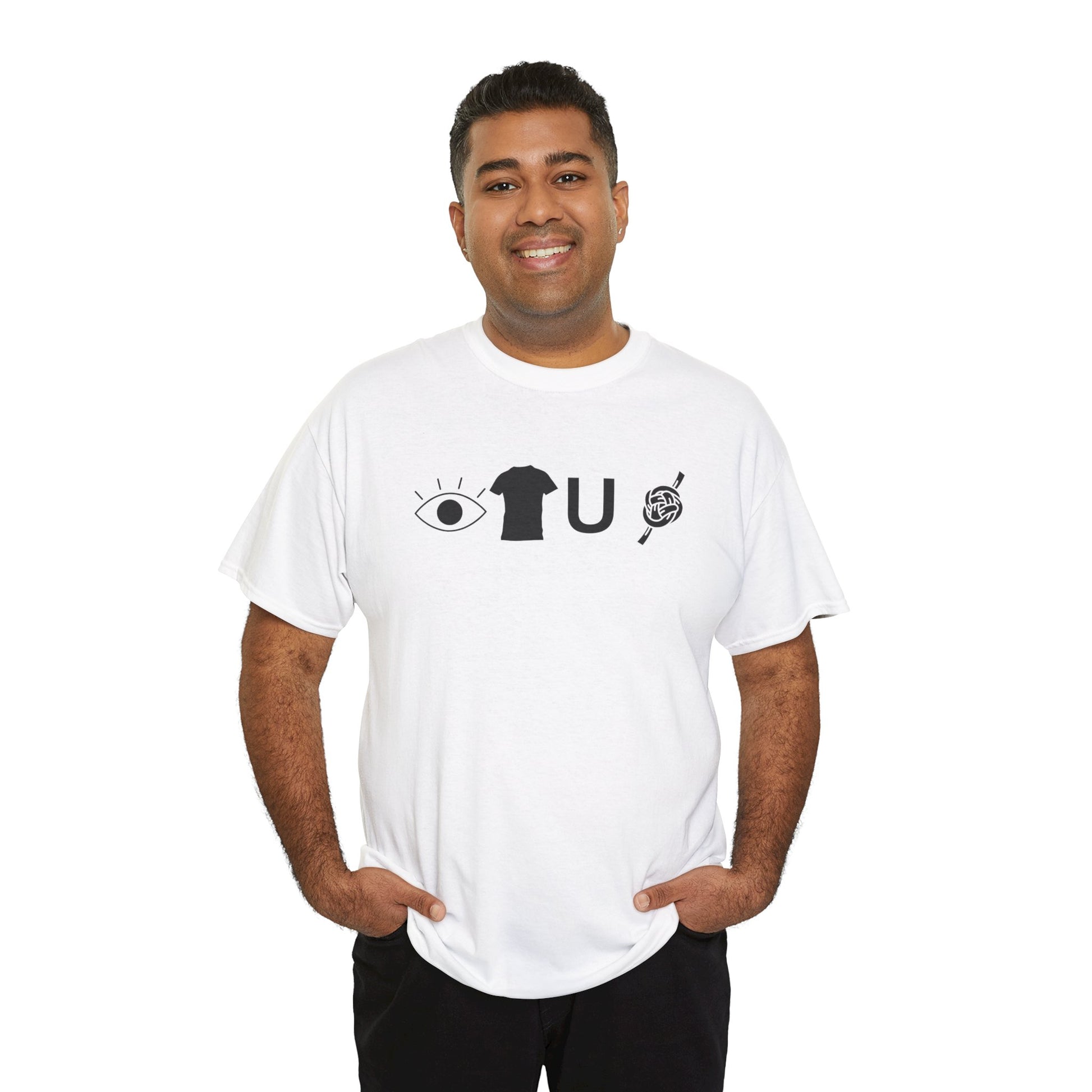 Man wearing a white t-shirt with a graphic design on a white background