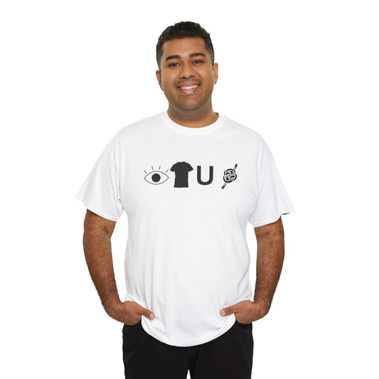 Man wearing a white t-shirt with a graphic design on a white background