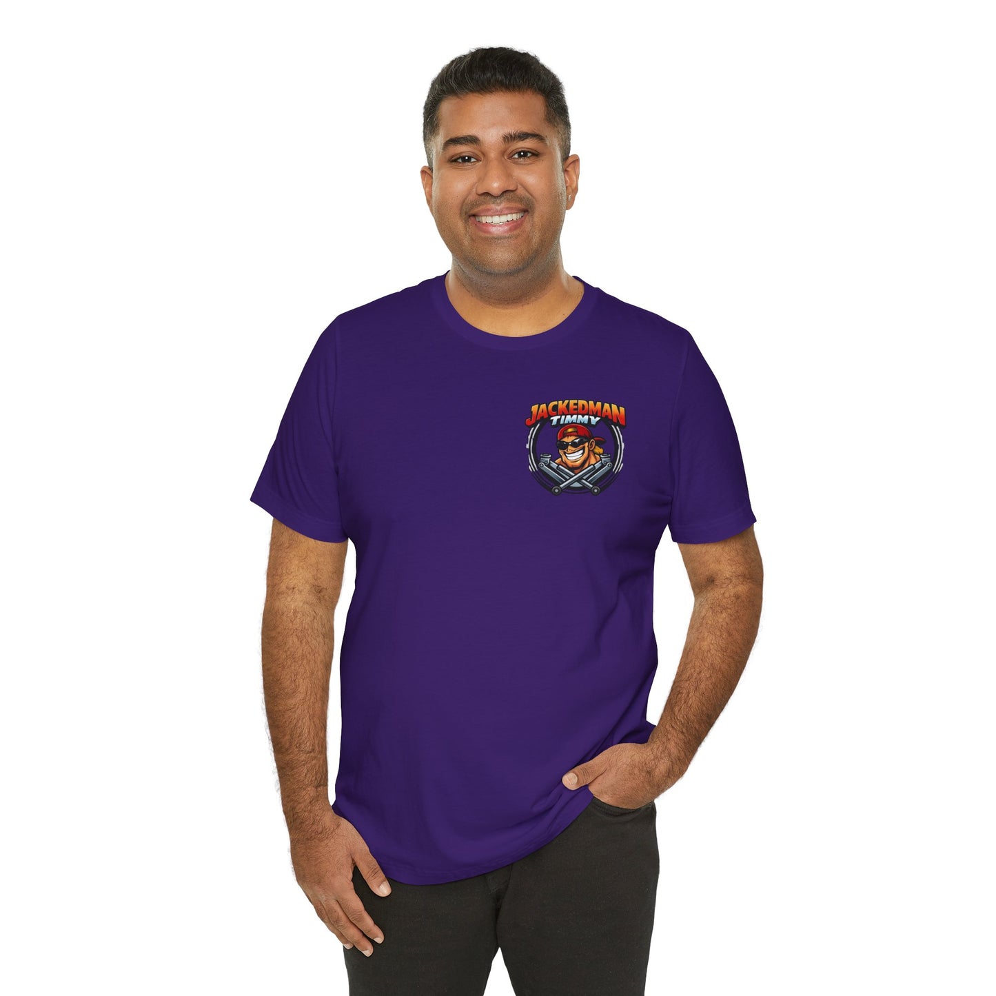Man wearing a purple t-shirt with a Jackedman Timmy Race Jacks logo on a white background