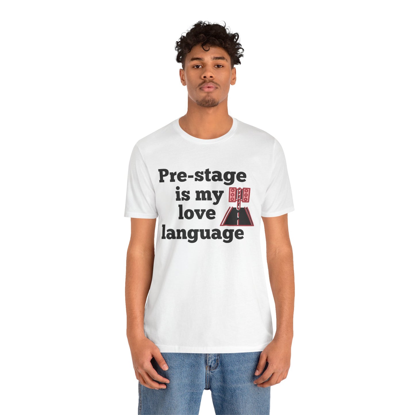 Person wearing a white t-shirt with text 'Snooze button is my love language' on a white background