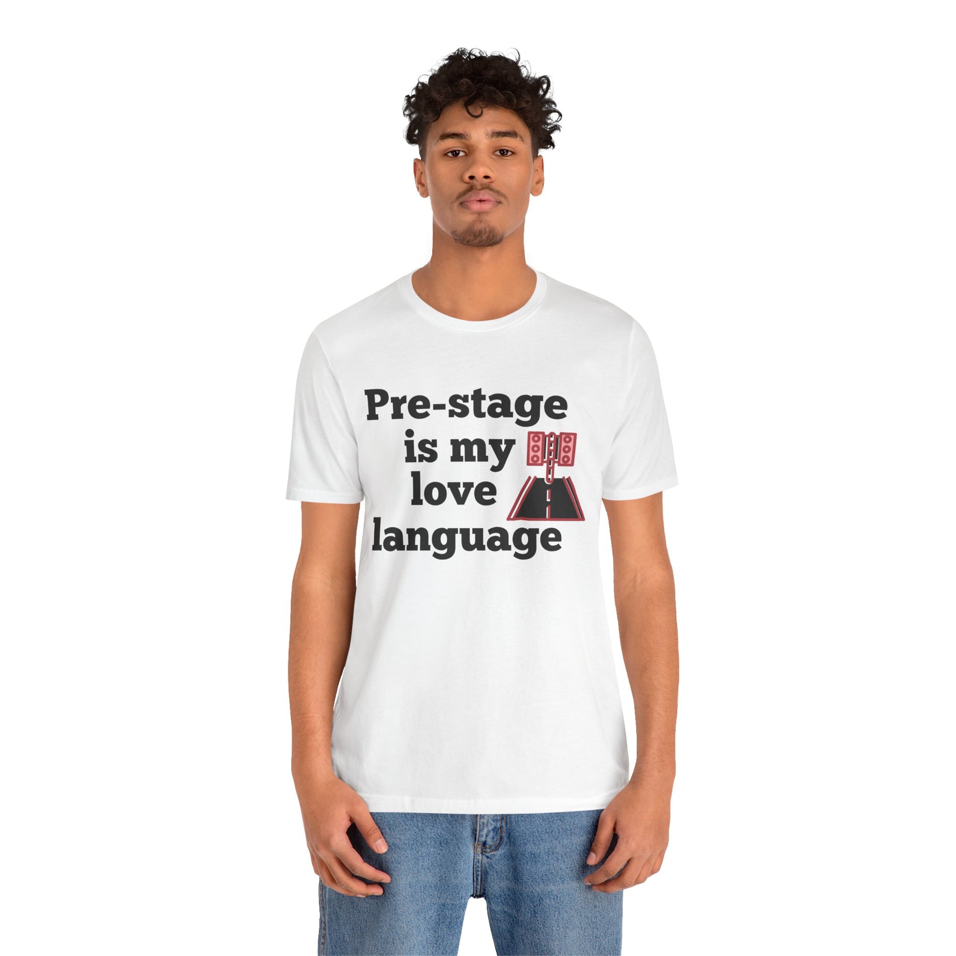 Person wearing a white t-shirt with text 'Snooze button is my love language' on a white background