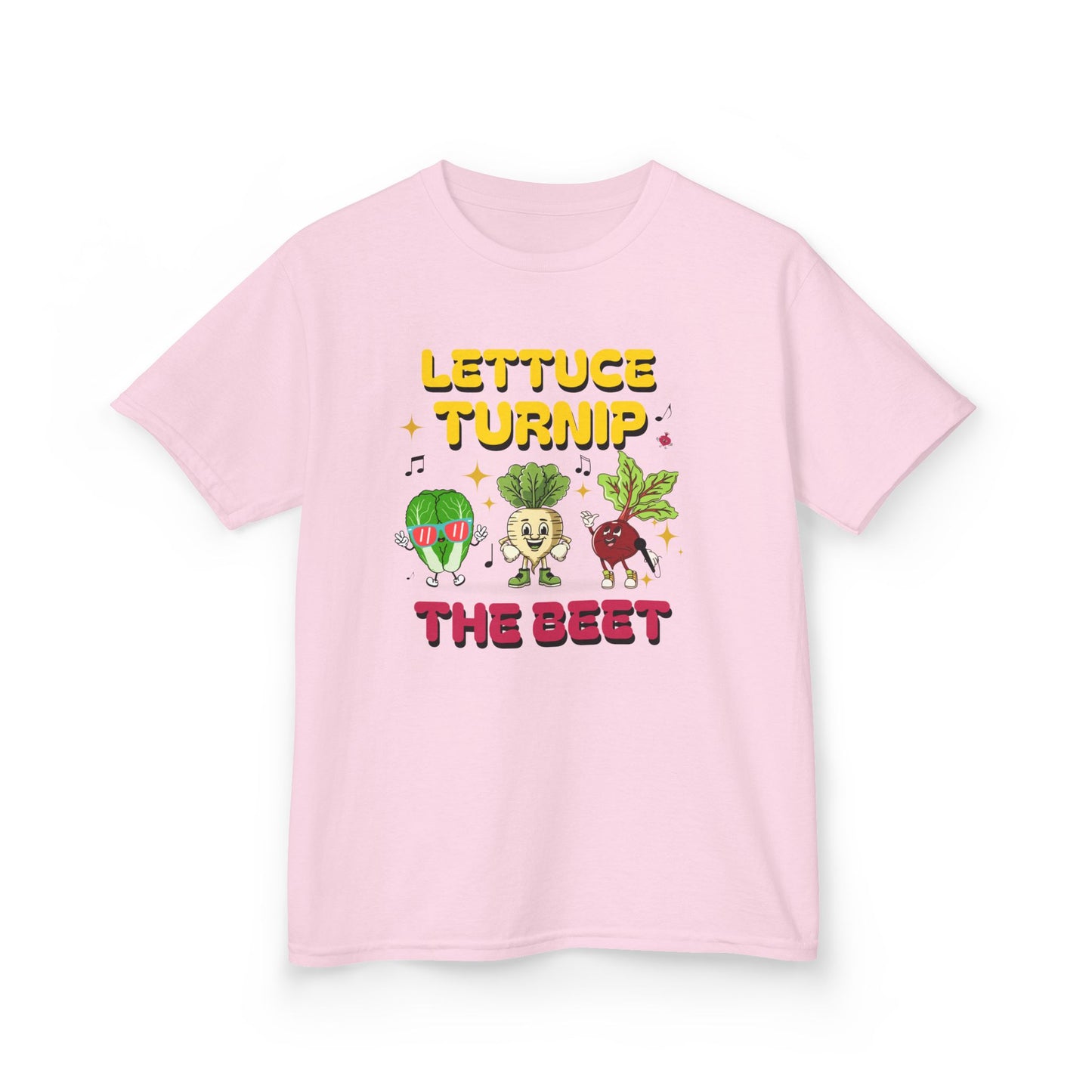 Pink t-shirt with vegetable-themed design and text 'Lettuce Turnip the Beet' on a white background