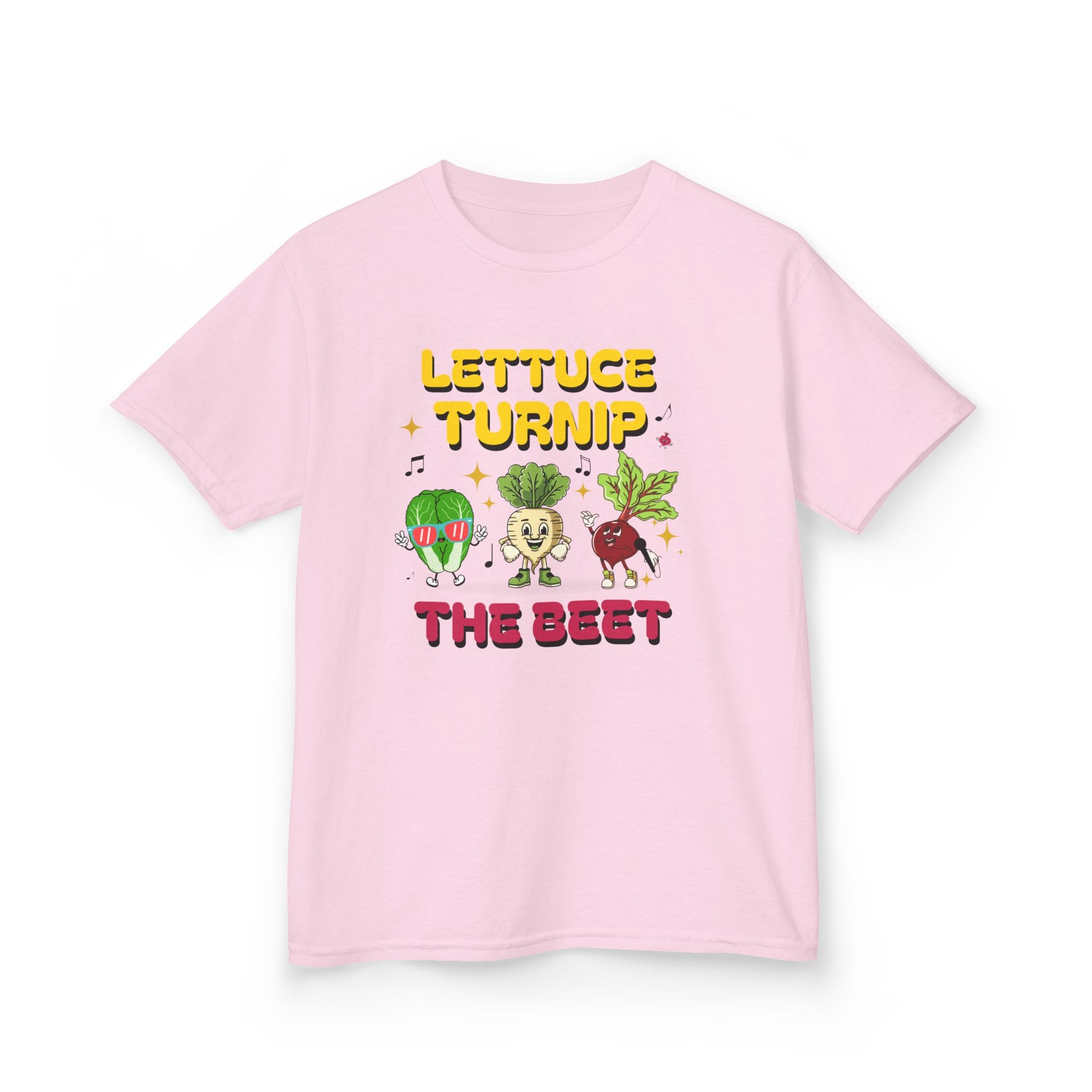Pink t-shirt with vegetable-themed design and text 'Lettuce Turnip the Beet' on a white background