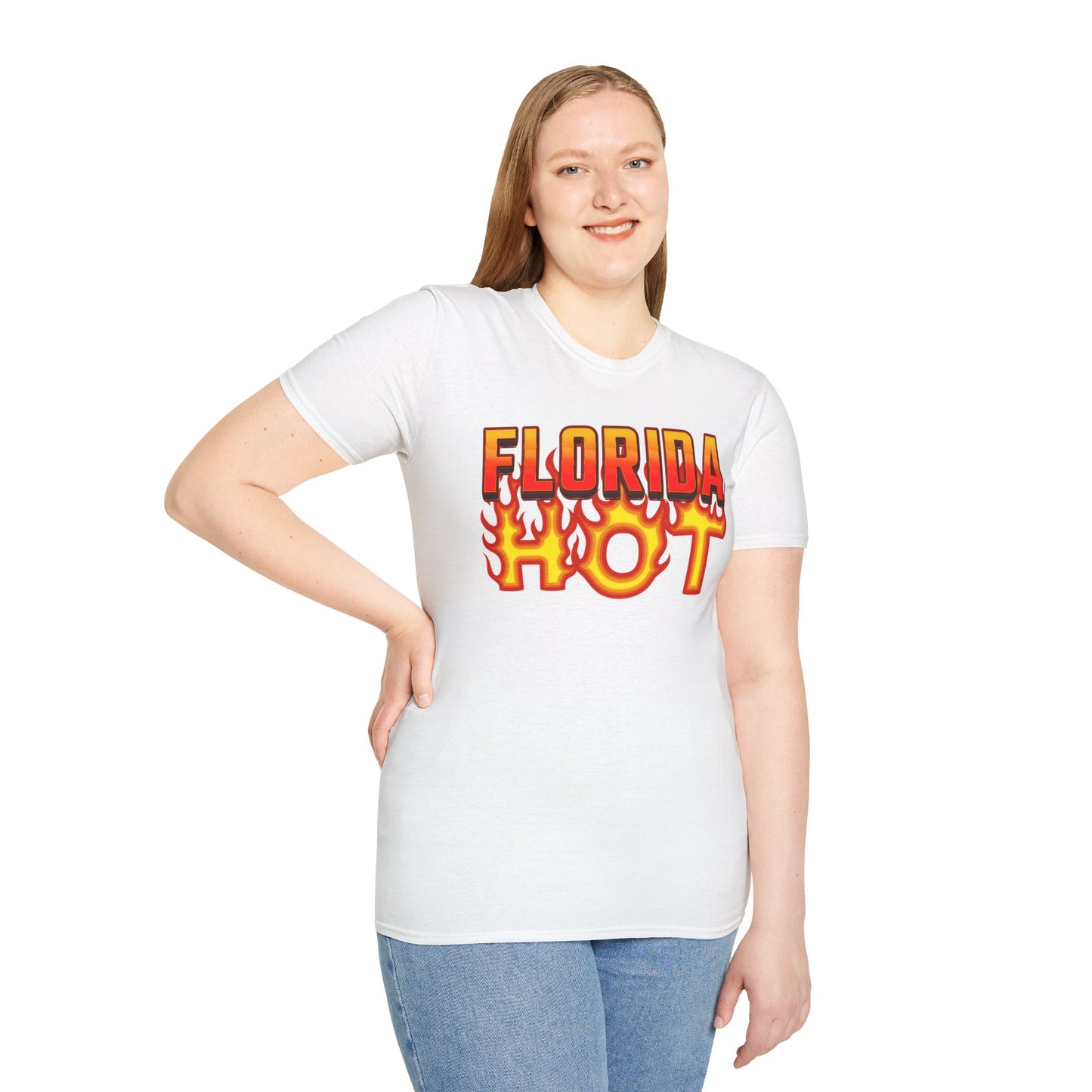 Person wearing a white t-shirt with 'Florida Hot' text on a white background