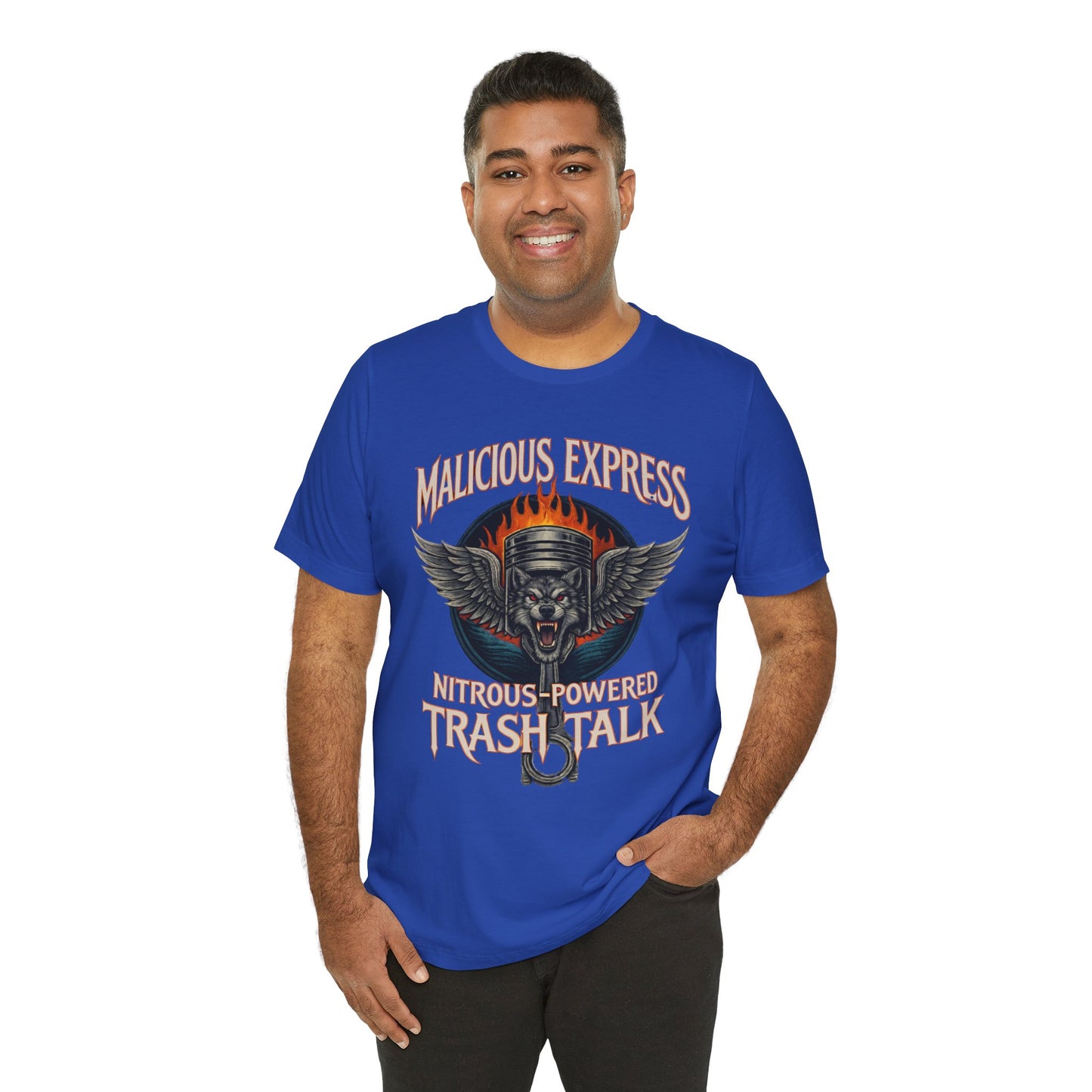 Man wearing a blue t-shirt with graphic design and 'Malicious Express Nitrous-Powered Trash Talk' text on a white background