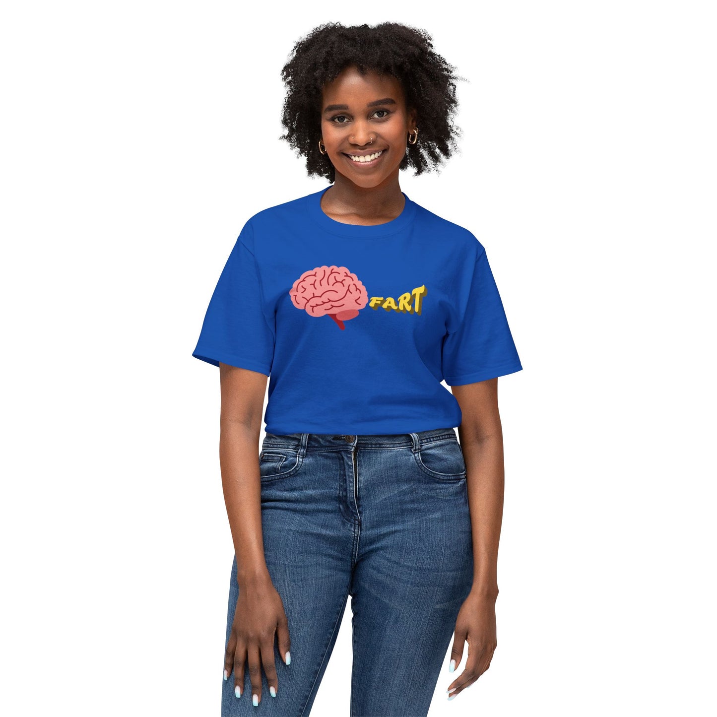 Person wearing a blue t-shirt with a brain graphic and 'FART' text on a white background