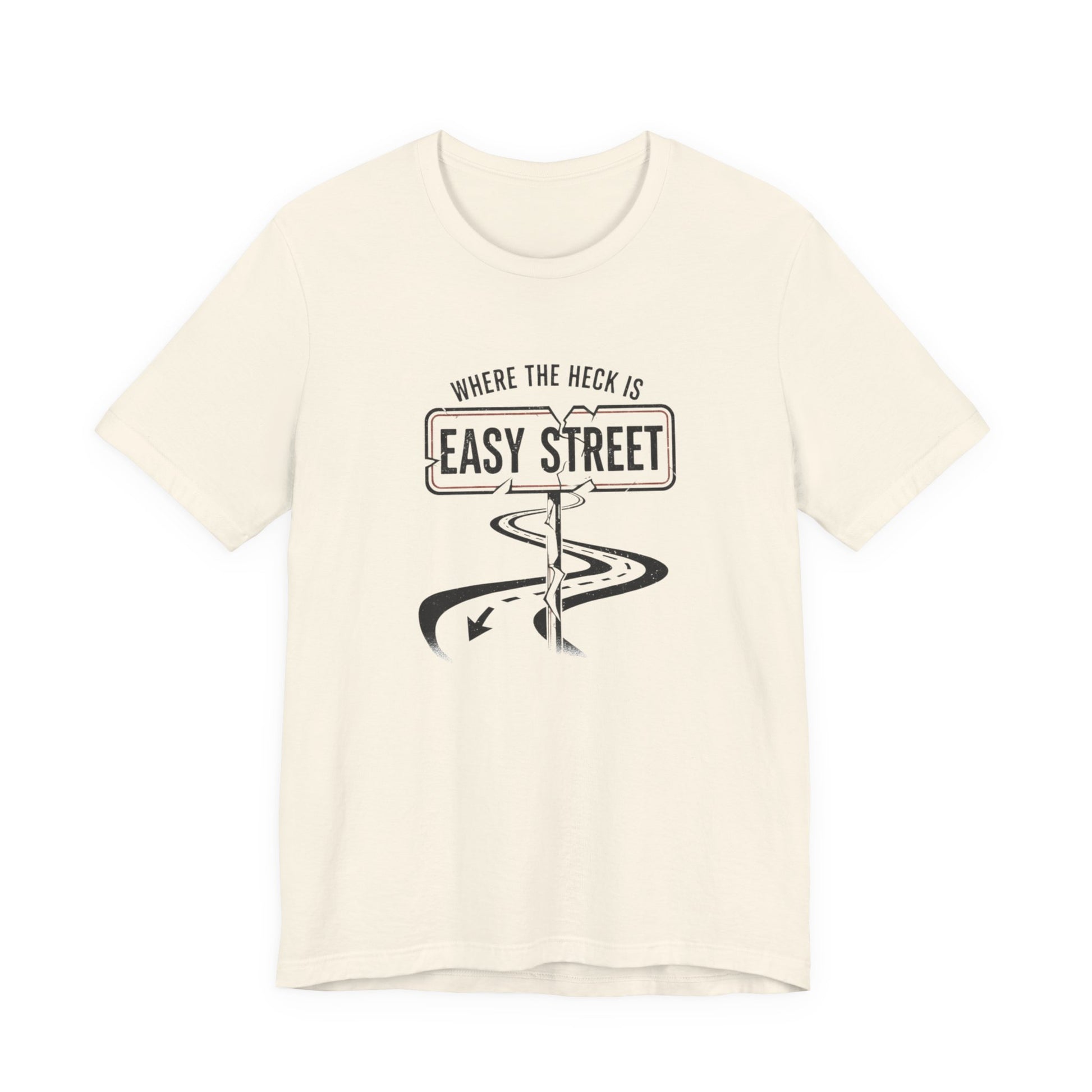 Beige t-shirt with black graphic design and text 'Where the heck is Easy Street' on a white background