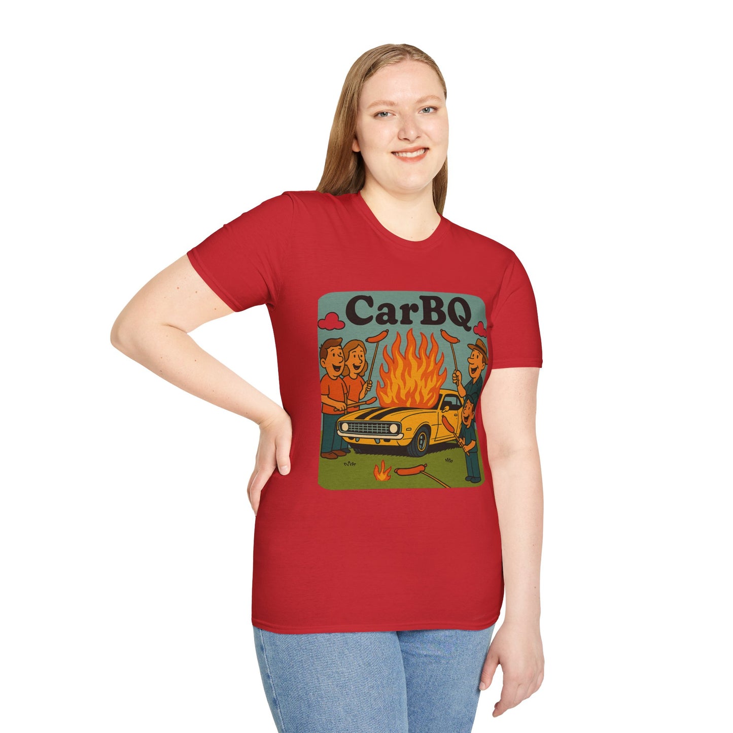Person wearing a red t-shirt with a graphic design and text 'CarBQ' on a white background