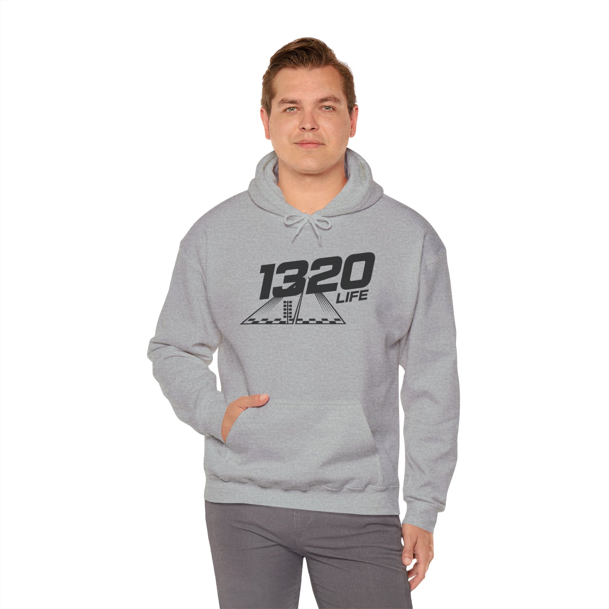Man wearing a gray hoodie with '1320 LIFE' logo on a white background