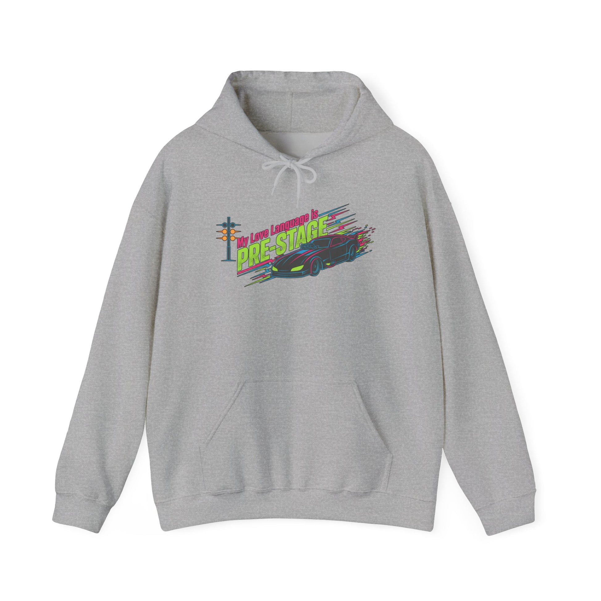 Gray hoodie with colorful graphic design and text 'My Love Language is Pre-Stage' on a white background
