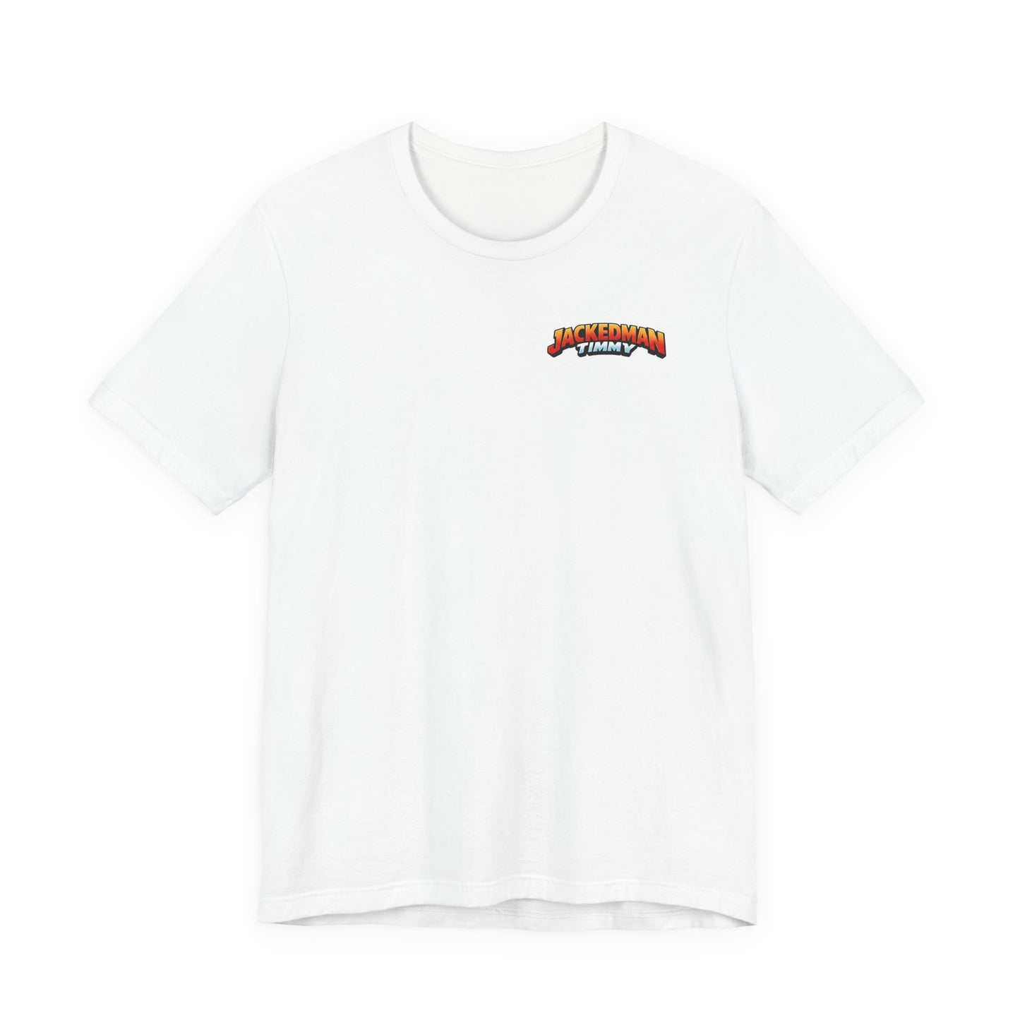White t-shirt with a 'Jackedman Timmy' logo on the chest against a white background