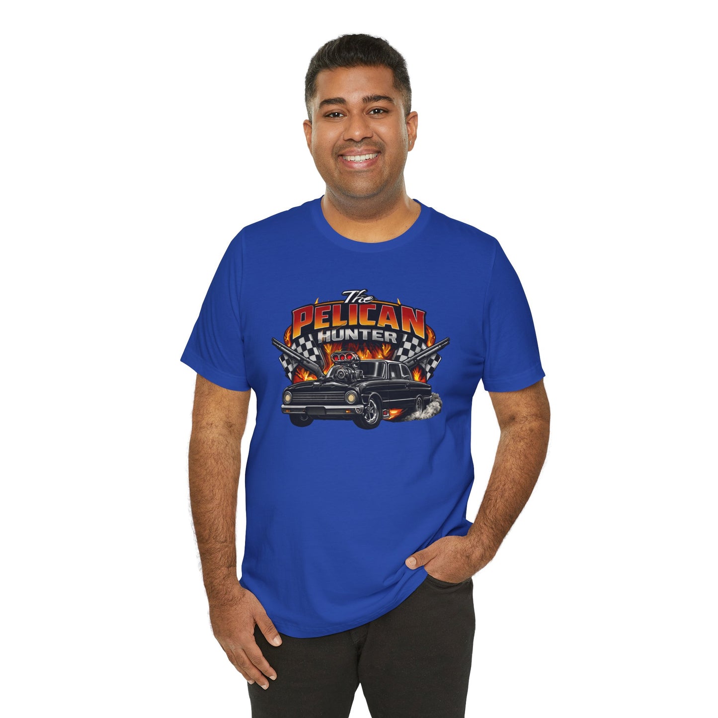 Man wearing a blue t-shirt with a 'The Pelican Hunter' graphic design on a white background