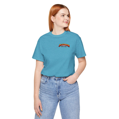 Person wearing a blue t-shirt with a 'Jackedman Timmy' logo on a white background
