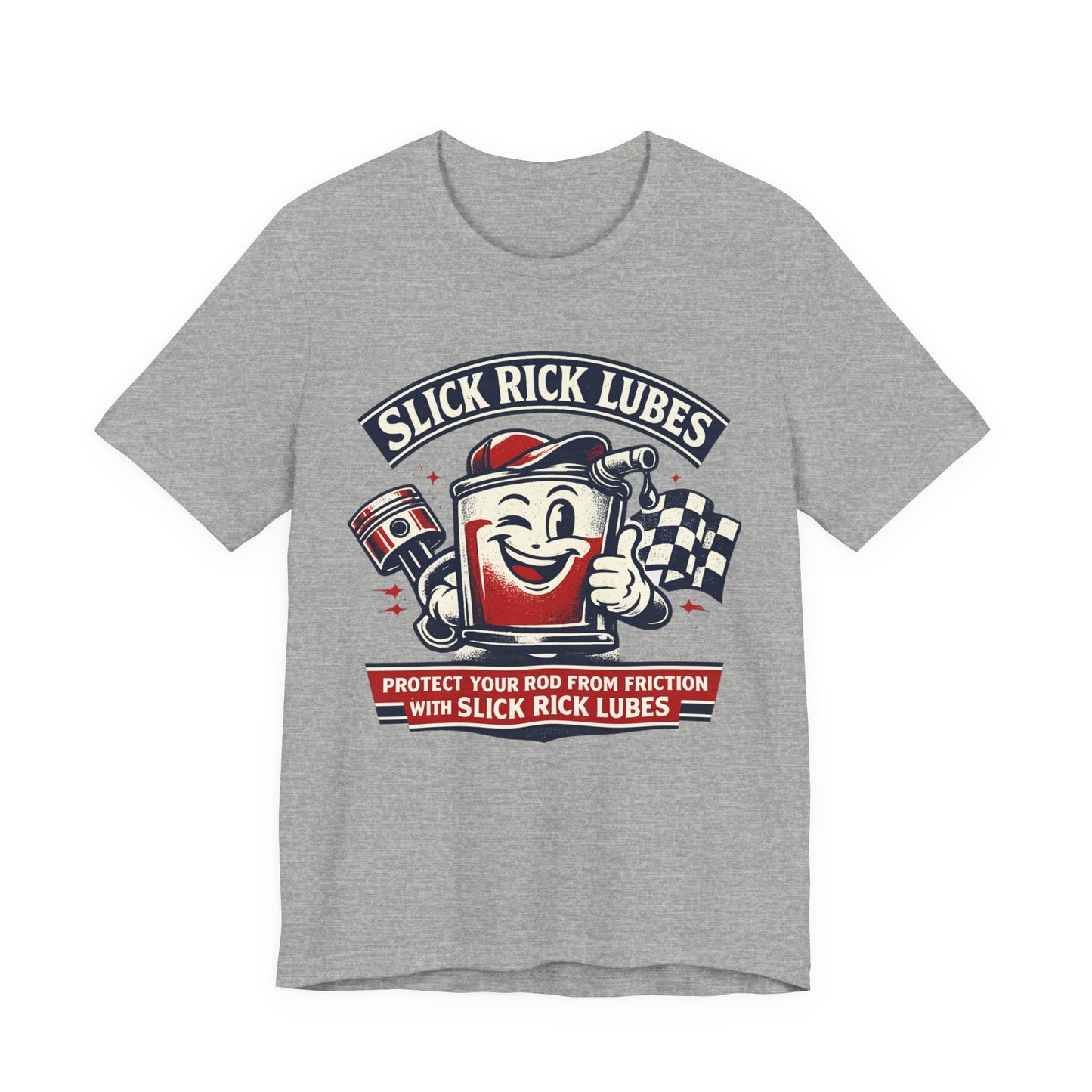 Slick Rick Lubes funny drag racing shirt front graphic on Bella Canvas 3001 tee