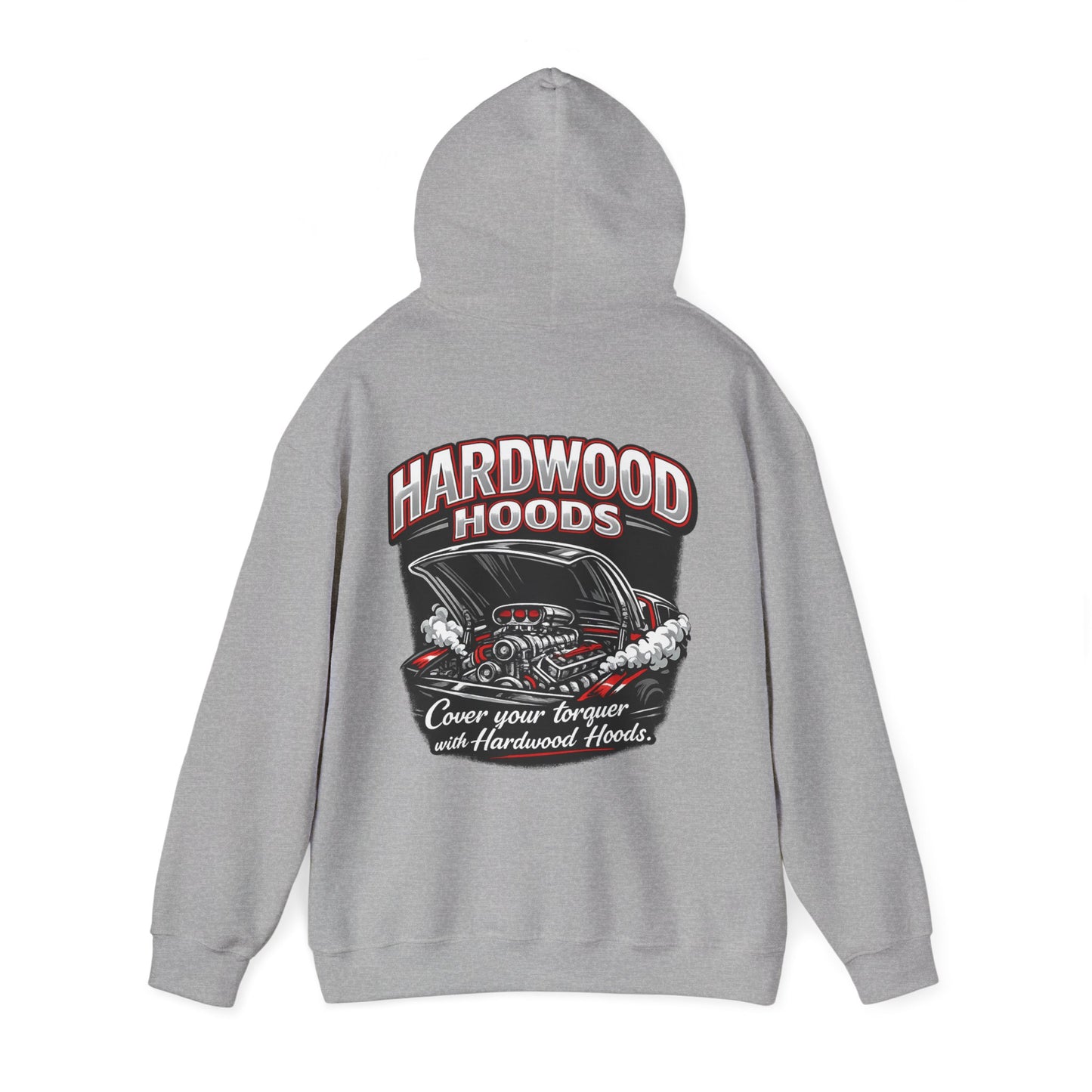 Gray hoodie with 'Hardwood Hoods' graphic on a white background