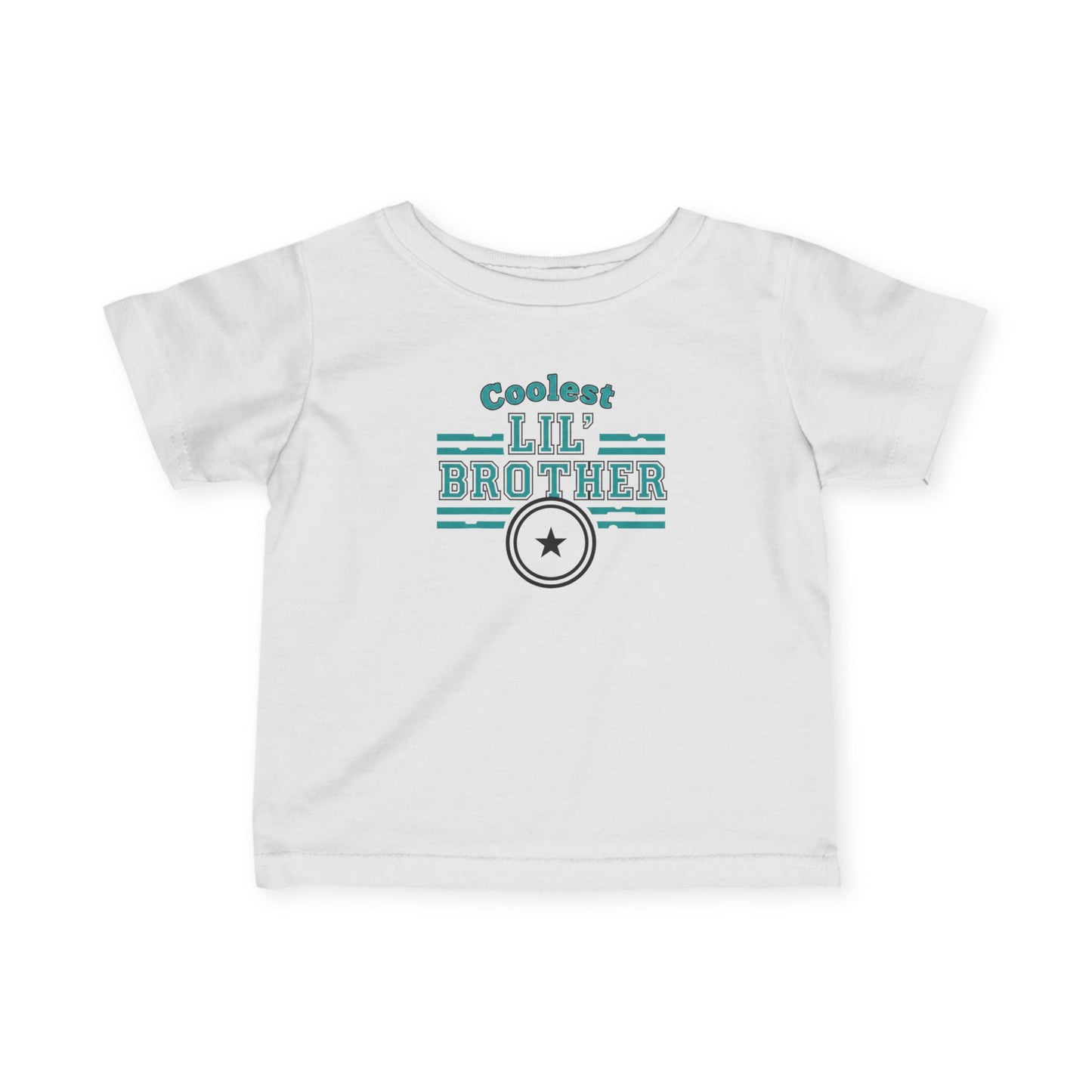 White t-shirt with 'Coolest Lil' Brother' text and star graphic on a white background