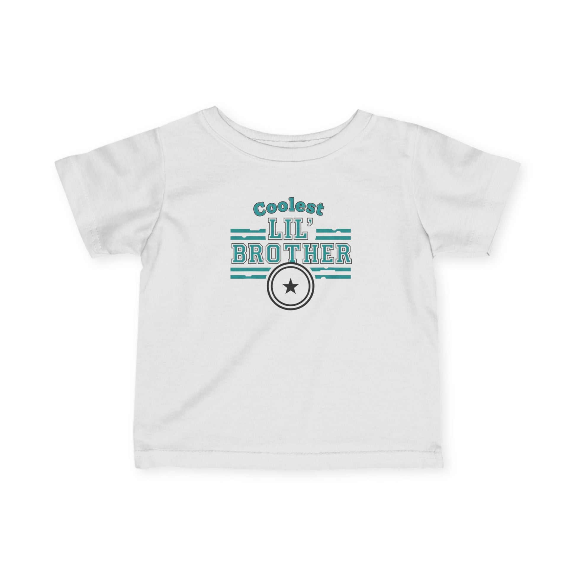 White t-shirt with 'Coolest Lil' Brother' text and star graphic on a white background