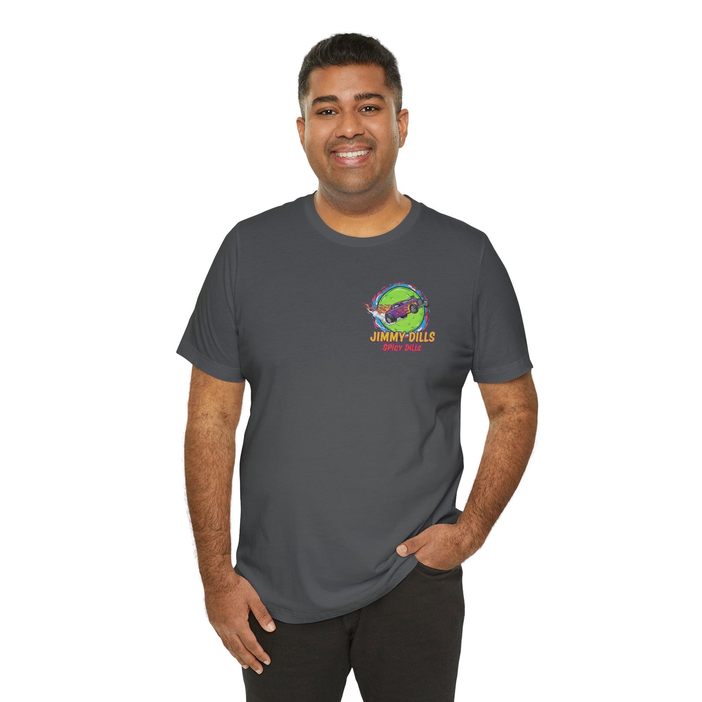 Man wearing a gray t-shirt with a logo 'Jimmy Dills Spicy Dills' on a white background