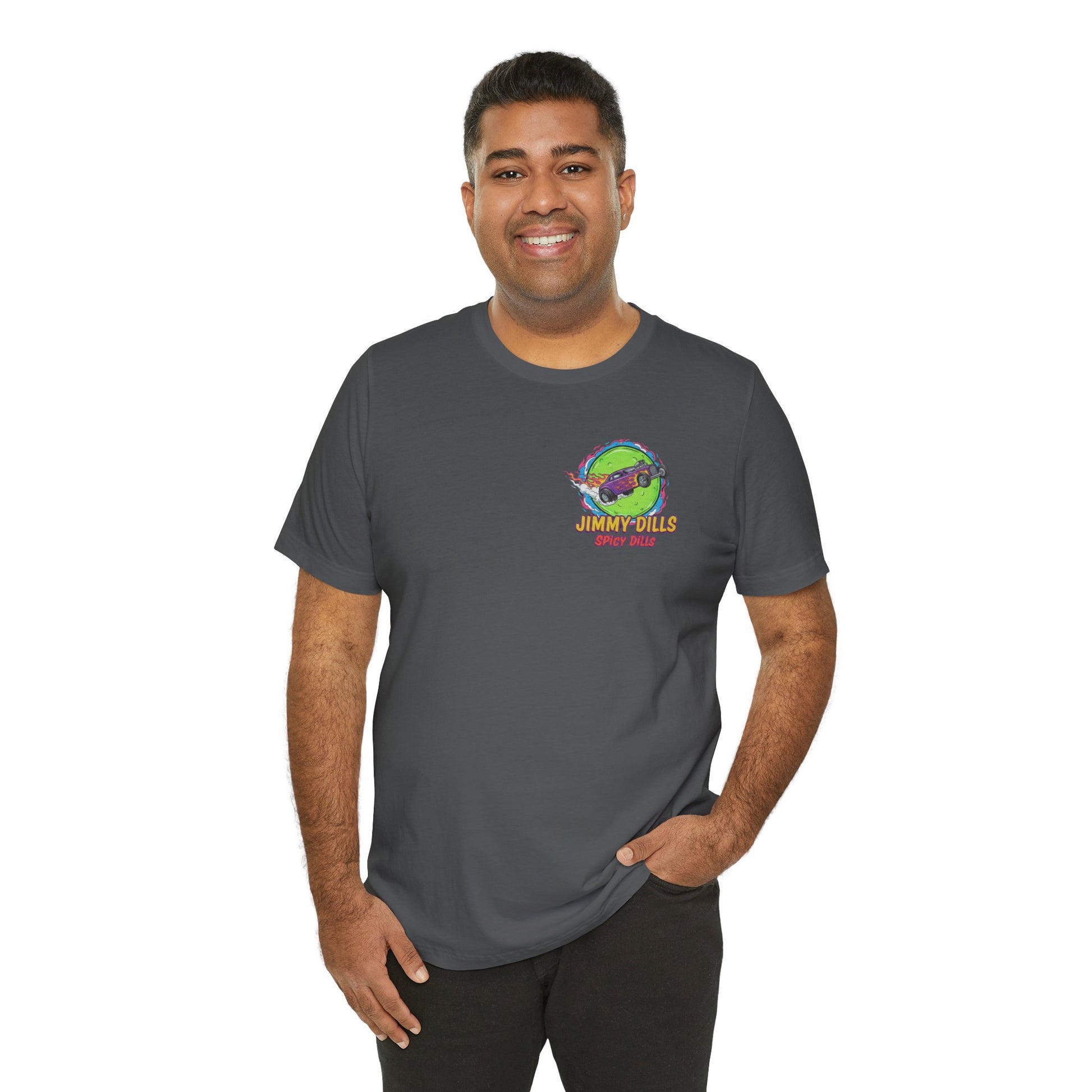 Man wearing a gray t-shirt with a logo 'Jimmy Dills Spicy Dills' on a white background