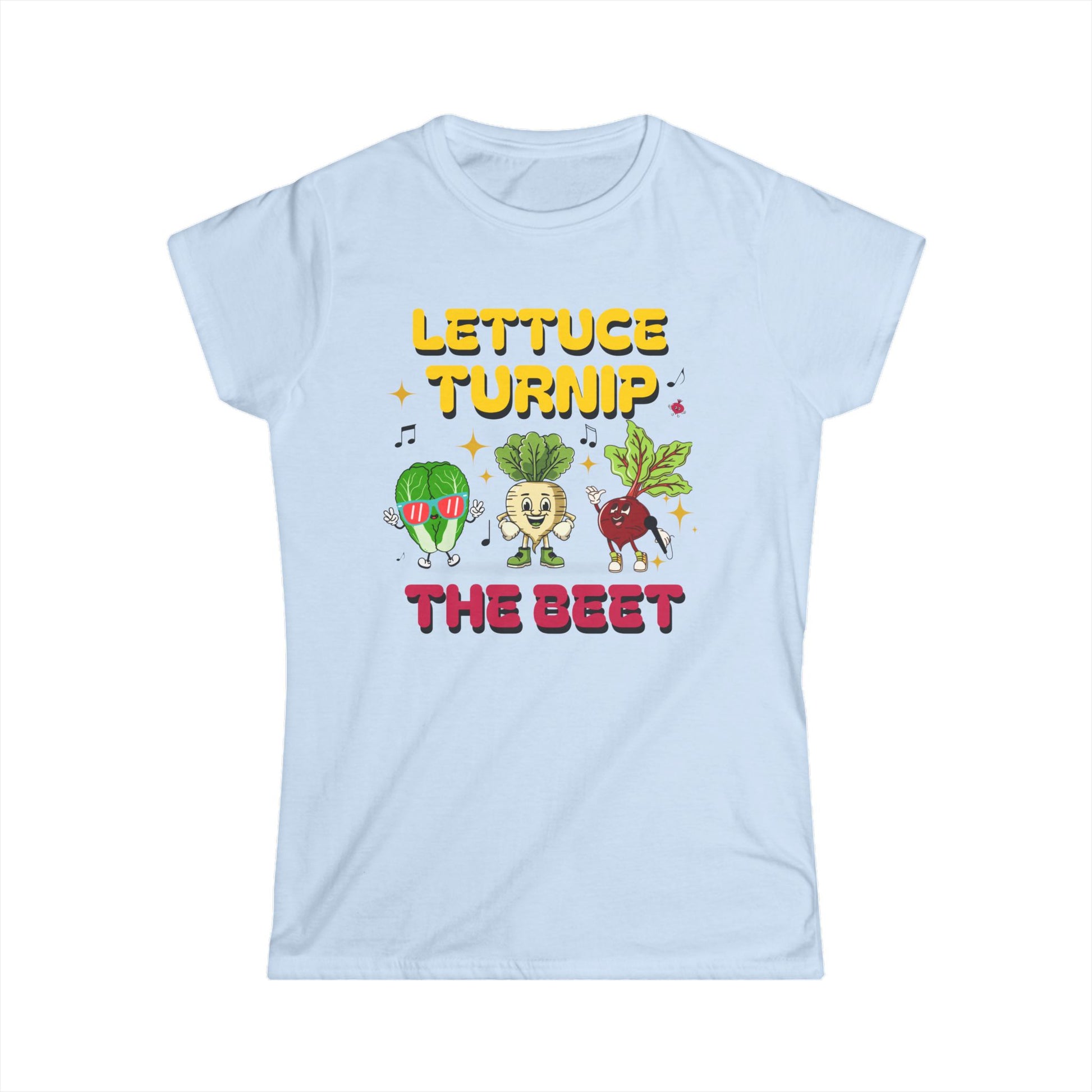 Light blue t-shirt with cartoon vegetables and text 'Lettuce Turnip the Beet' on a white background
