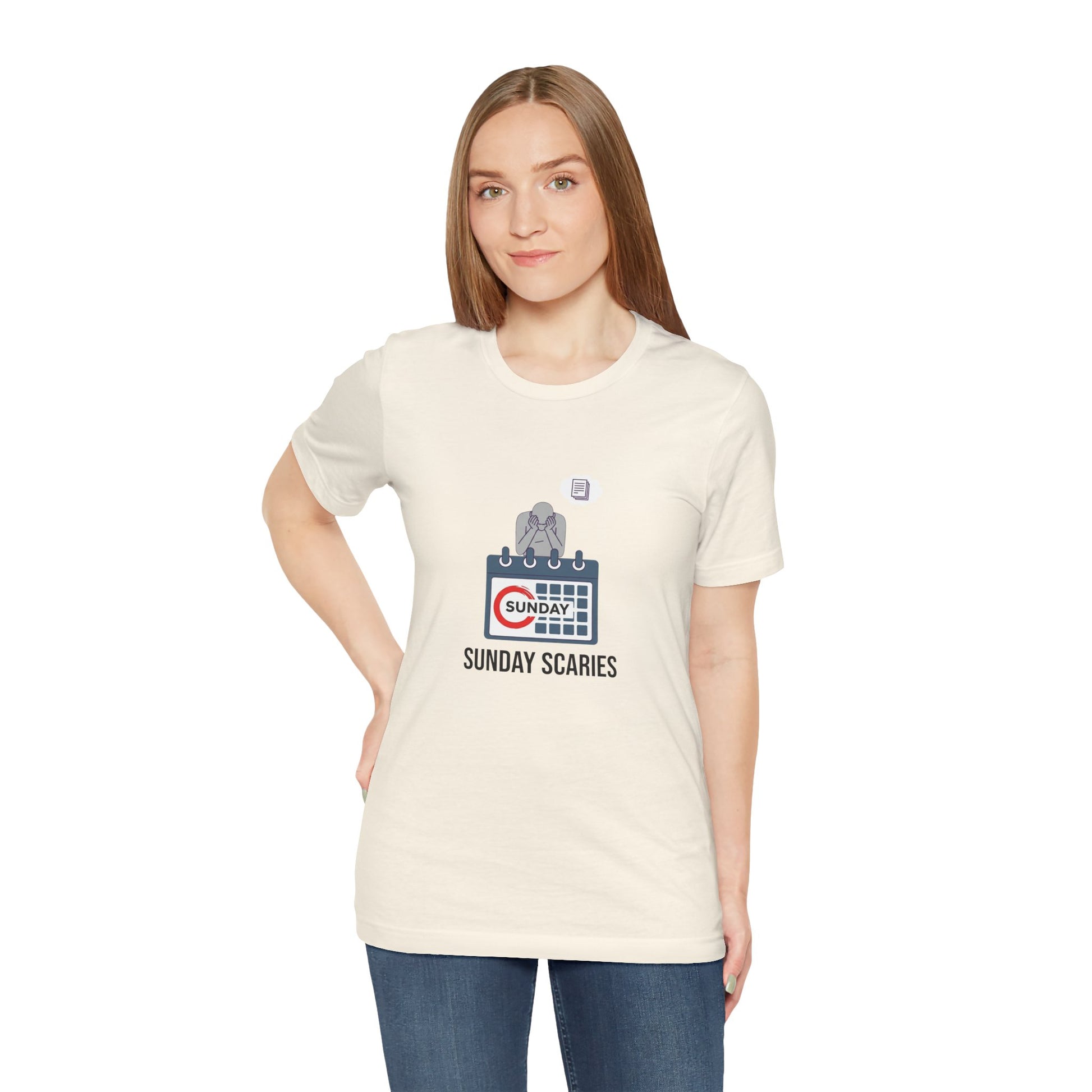 Woman wearing a white t-shirt with a graphic design and text 'Sunday Scaries' on a white background