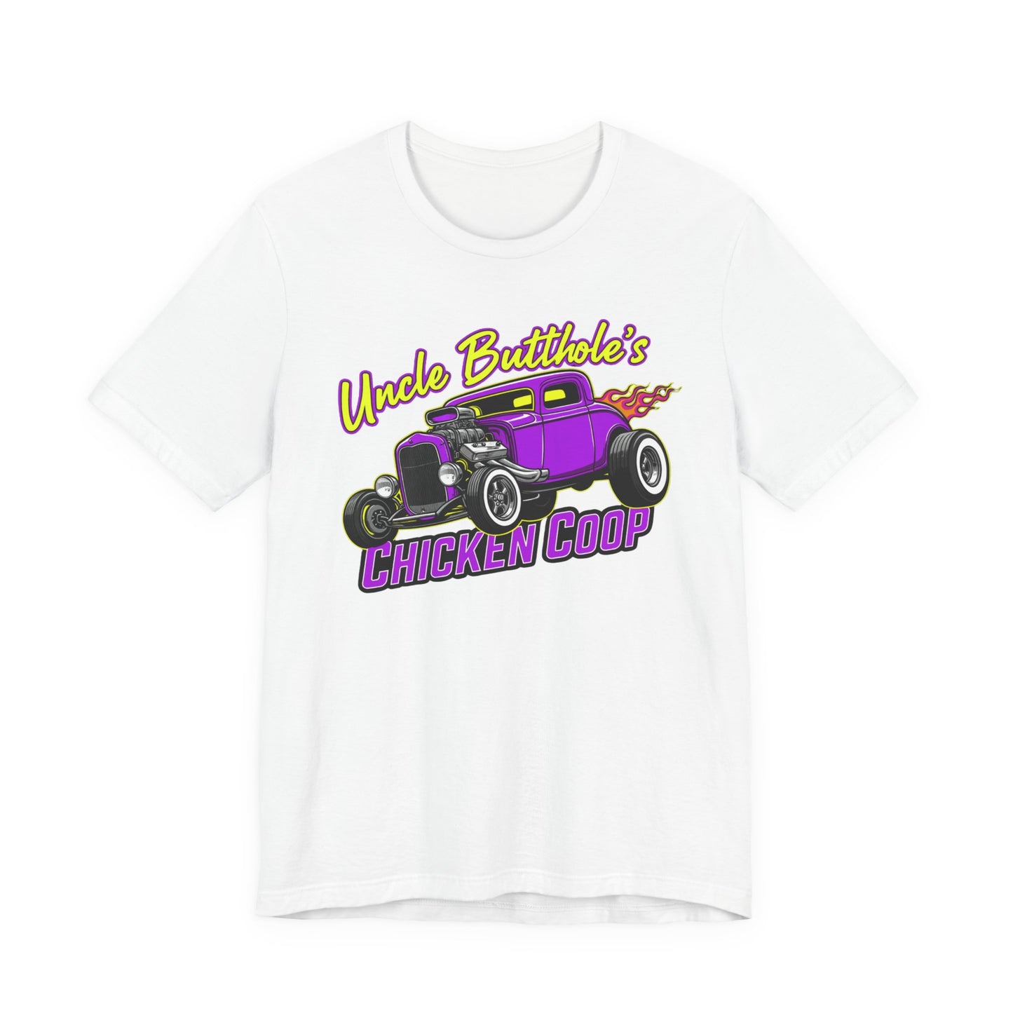 White t-shirt with a graphic of a purple car and text 'Uncle Butthole's Chicken Coop' on a white background