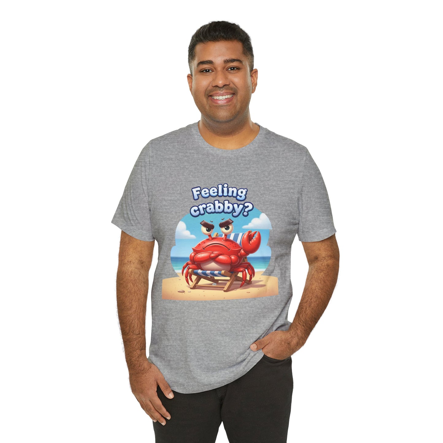 Man wearing a gray t-shirt with a cartoon crab graphic and text 'Feeling crabby?' on a white background