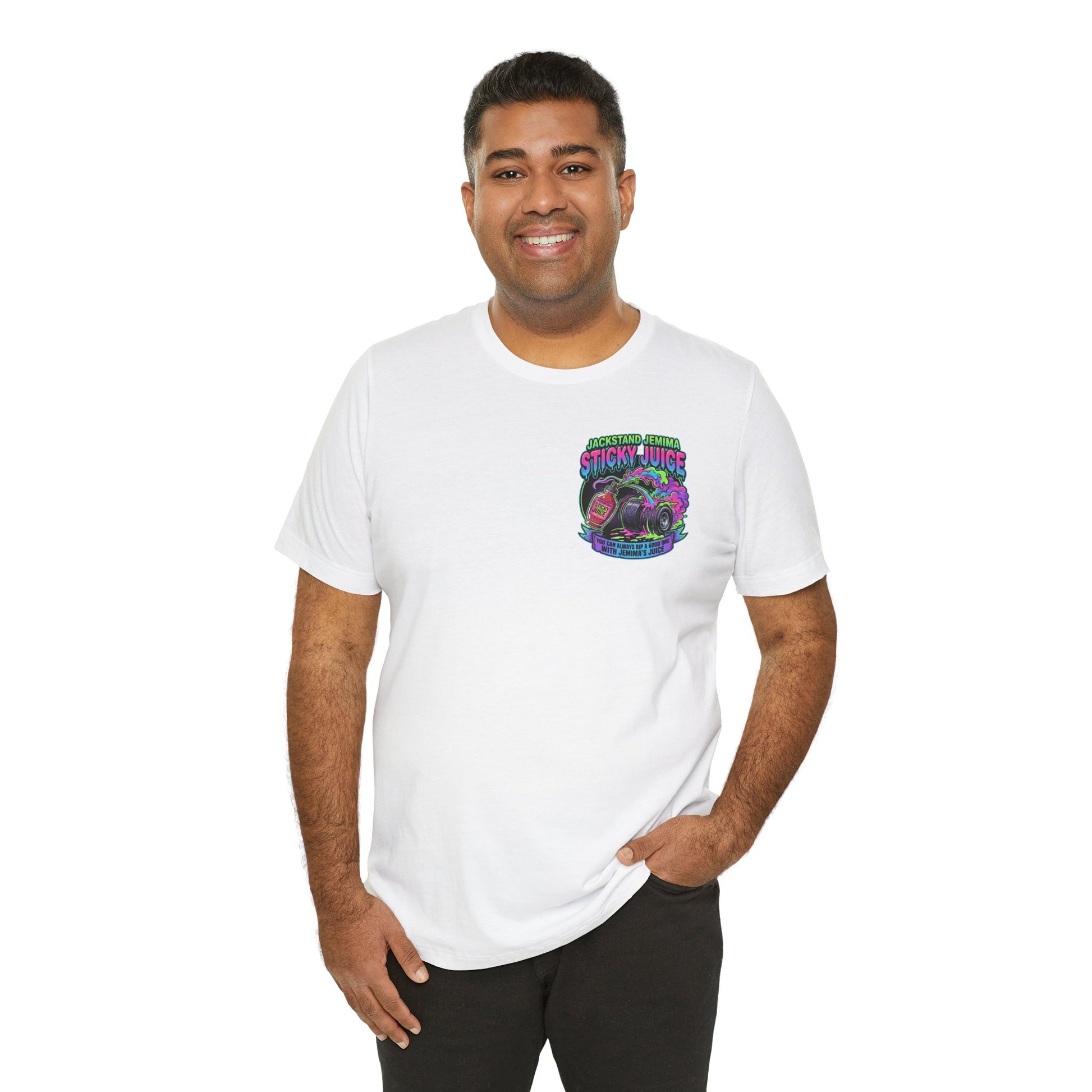Man wearing a white t-shirt with a colorful graphic design and text  'Jackedstand Jemima Sticky Juice You Can Always Rip A Good One With Jemima's Juice' on a white background