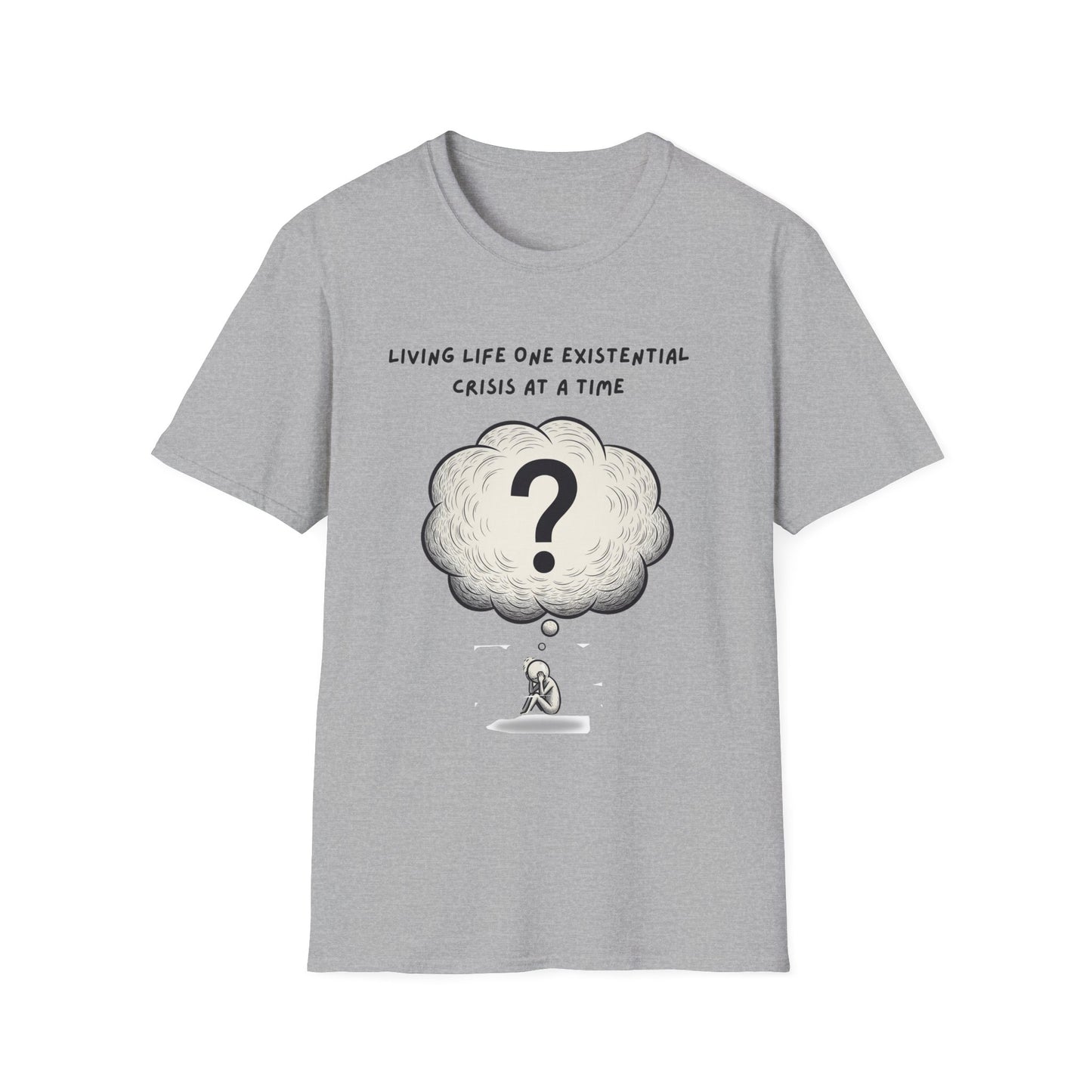 Gray t-shirt with a graphic and text about existential crises on a white background