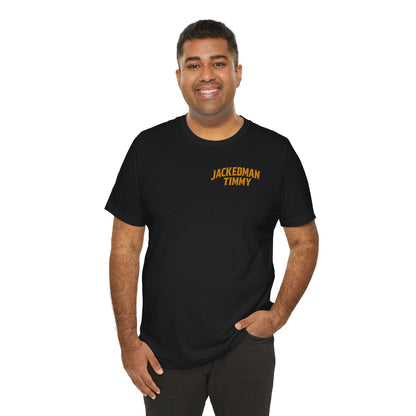 Man wearing a black t-shirt with 'JACKEDMAN TIMMY' text on a white background