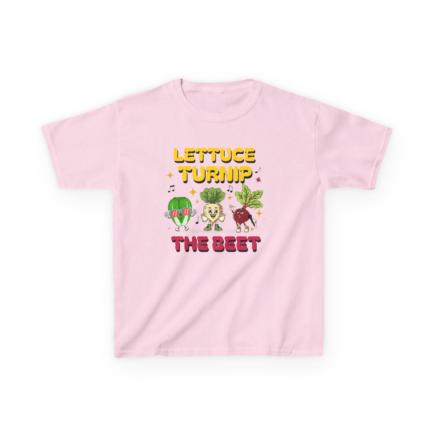 Pink t-shirt with vegetable graphic and text 'Lettuce Turnip the Beet' on a white background