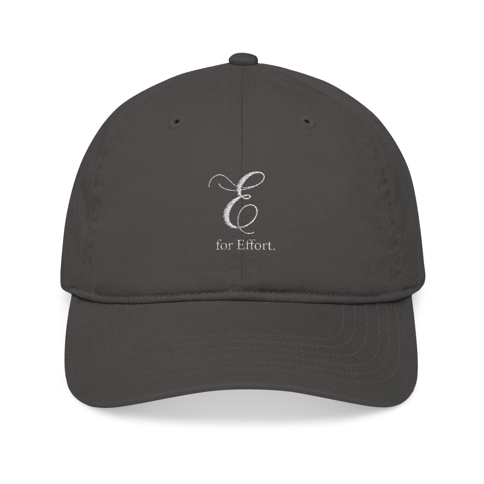 Dark gray cap with white text 'E for Effort' on a white background