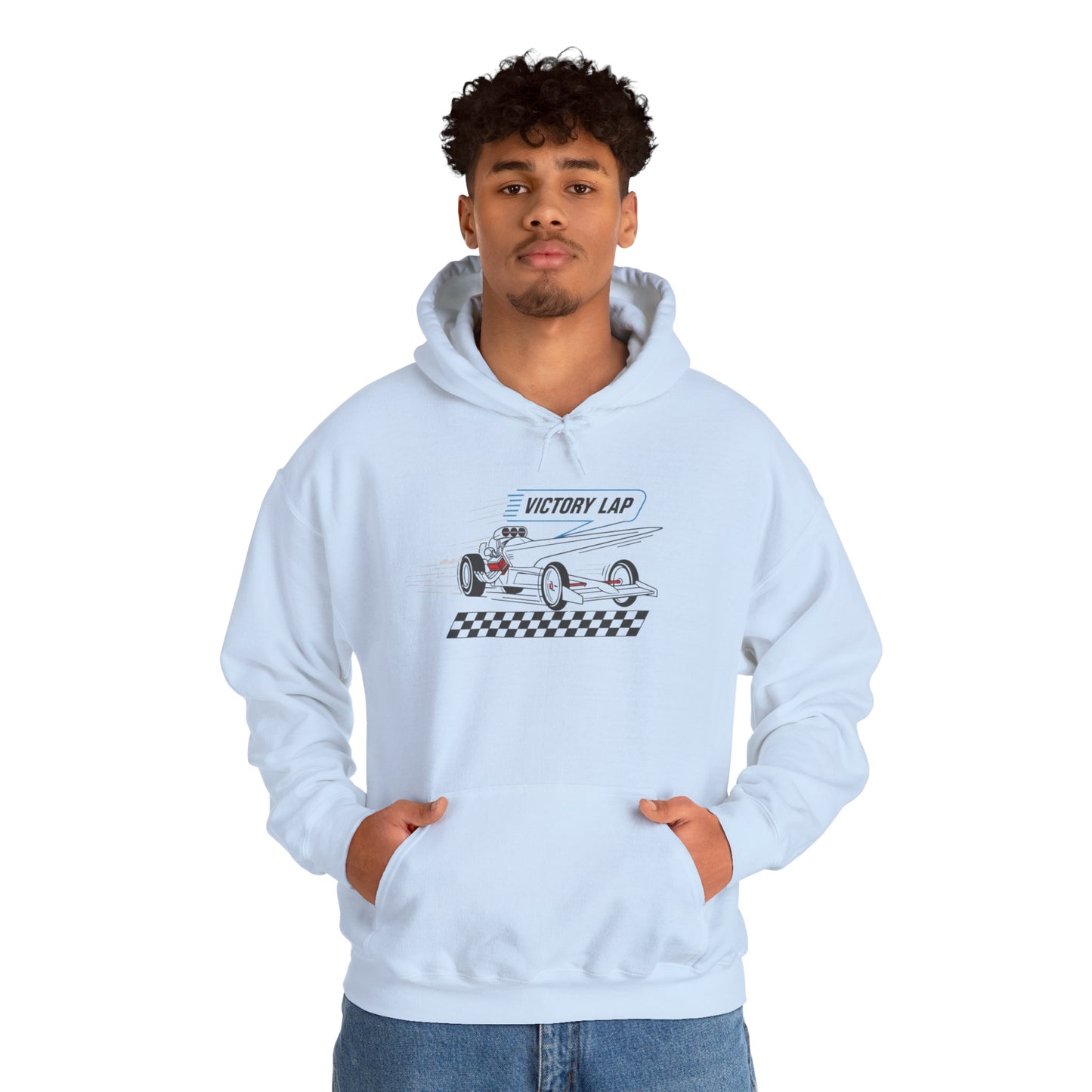Person wearing a light blue hoodie with a race car graphic and text 'VICTORY LAP' on a white background
