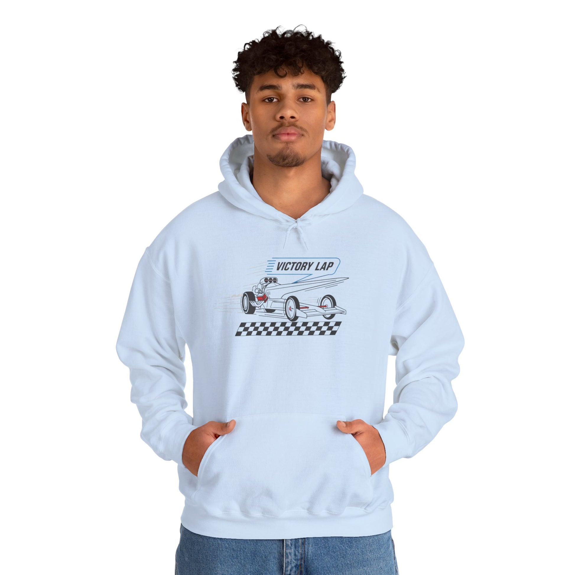 Person wearing a light blue hoodie with a race car graphic and text 'VICTORY LAP' on a white background