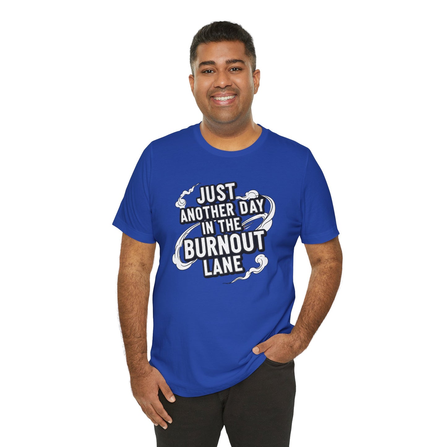 Man wearing a blue t-shirt with text on a white background