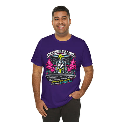 Man wearing a purple t-shirt with a graphic design and 'Sick Puke Tanks When you are running hard spewing your juices you need a Sick Puke Tank' text