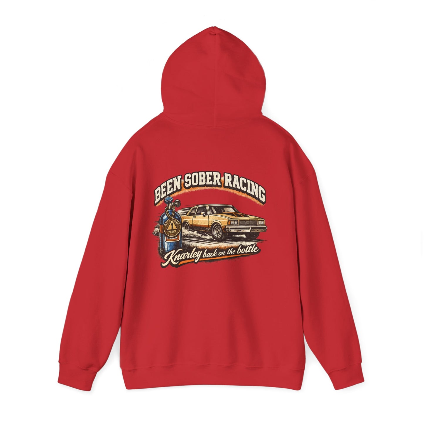Red hoodie with graphic design on the back featuring a car and 'Been Sober Racing Knarley back on the bottle' text.