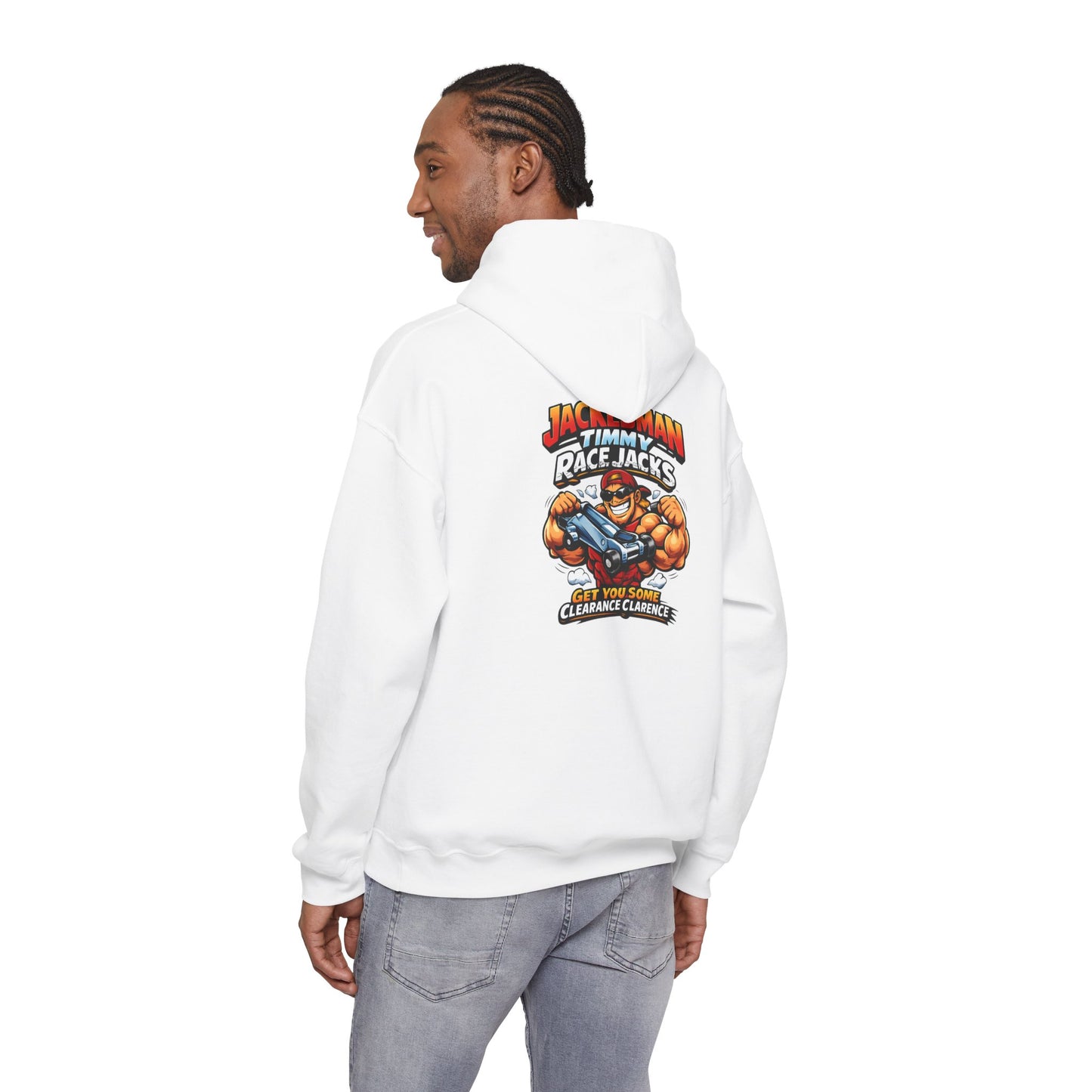 Person wearing a white hoodie with a colorful graphic and 'Jackedman Timmy Race Jacks Get You Some Clearance Clarence' text on the back, standing against a white background