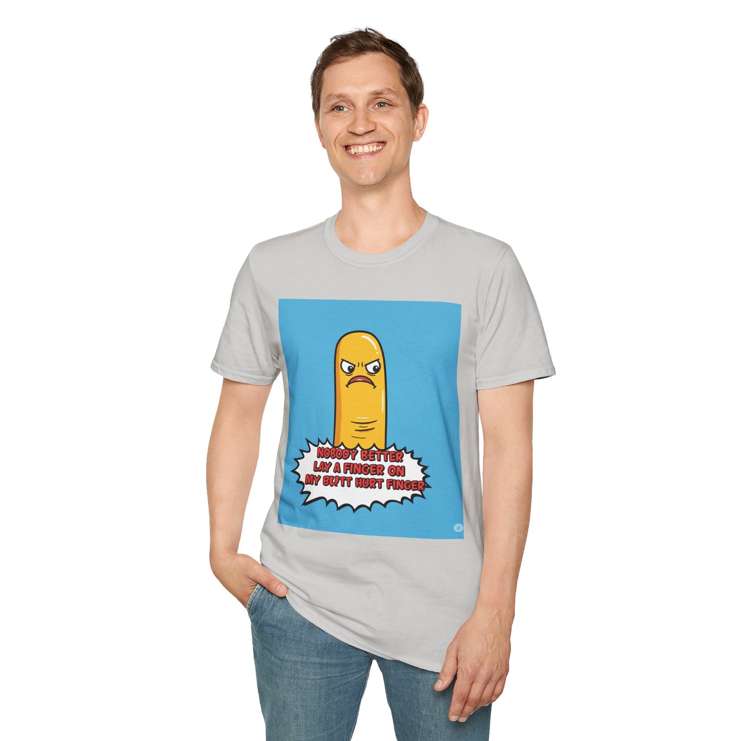 Person wearing a gray t-shirt with a graphic design and text 'Nobody better lay a finger on my butt hurt finger' on a white background