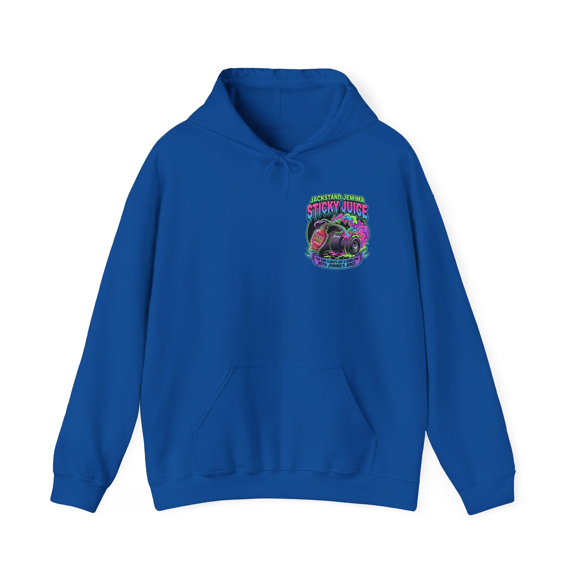 Blue hoodie with colorful graphic 'Jackstand Jemima' logo on a white background