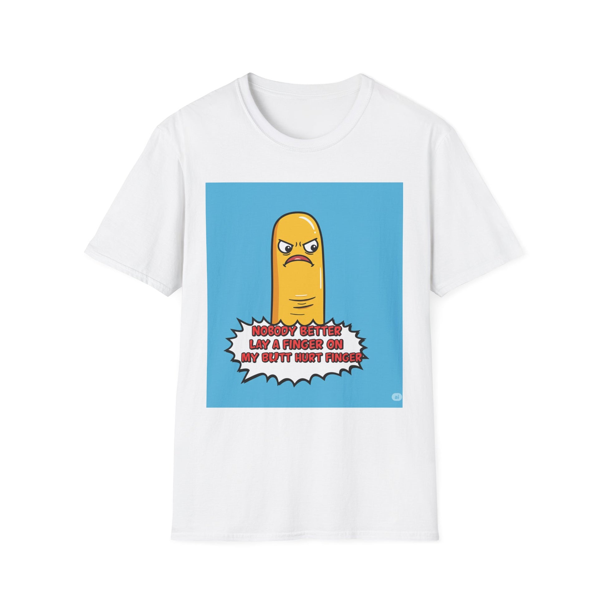 White t-shirt with a graphic of a yellow character and text 'Nobody better lay a finger on my butt hurt finger' on a blue background