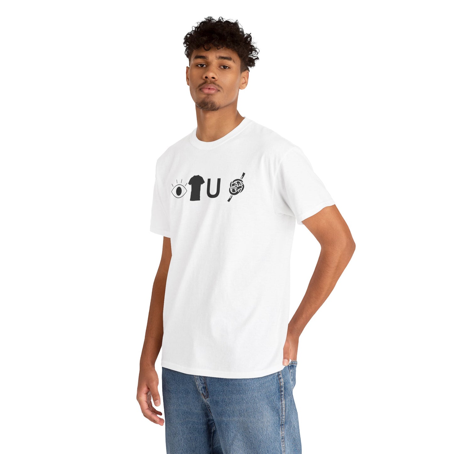 Man wearing a white t-shirt with a graphic design on a white background