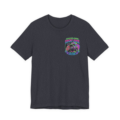 Black t-shirt with colorful graphic and  'Jackedstand Jemima Sticky Juice You Can Always Rip A Good One With Jemima's Juice' text on a white background