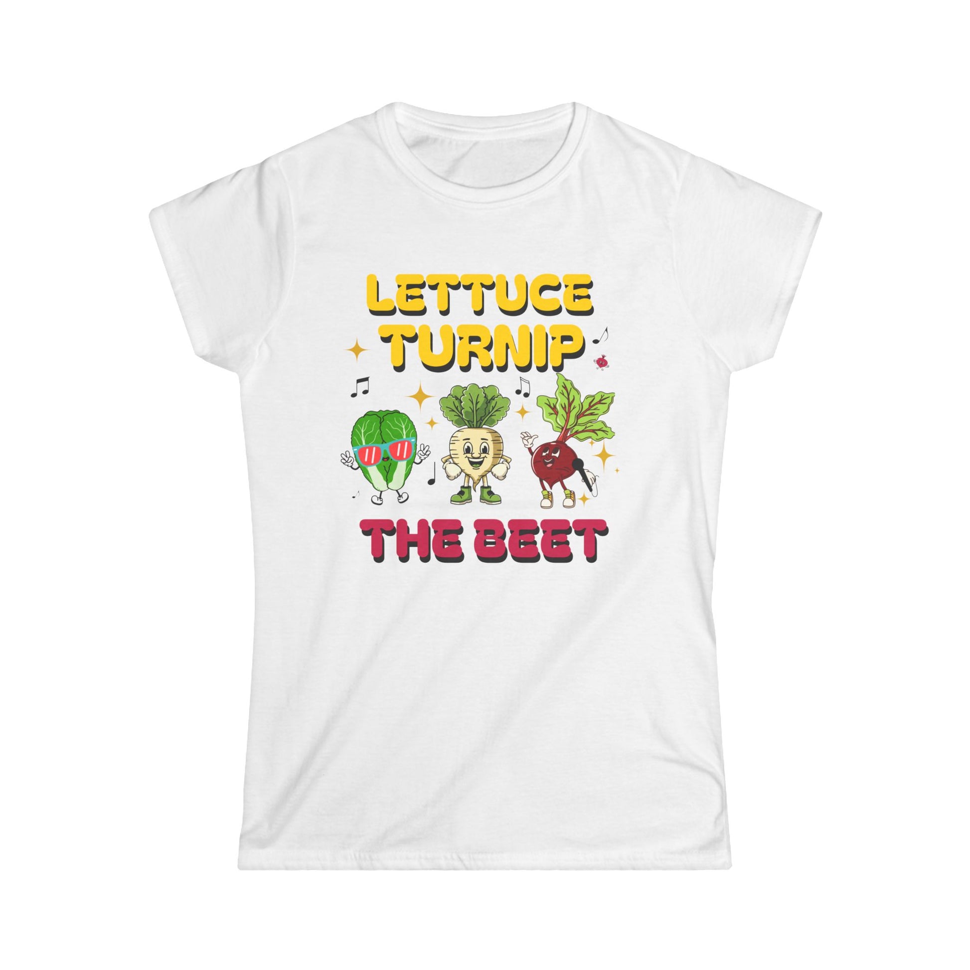 White t-shirt with cartoon vegetables and text 'Lettuce Turnip the Beet' on a white background