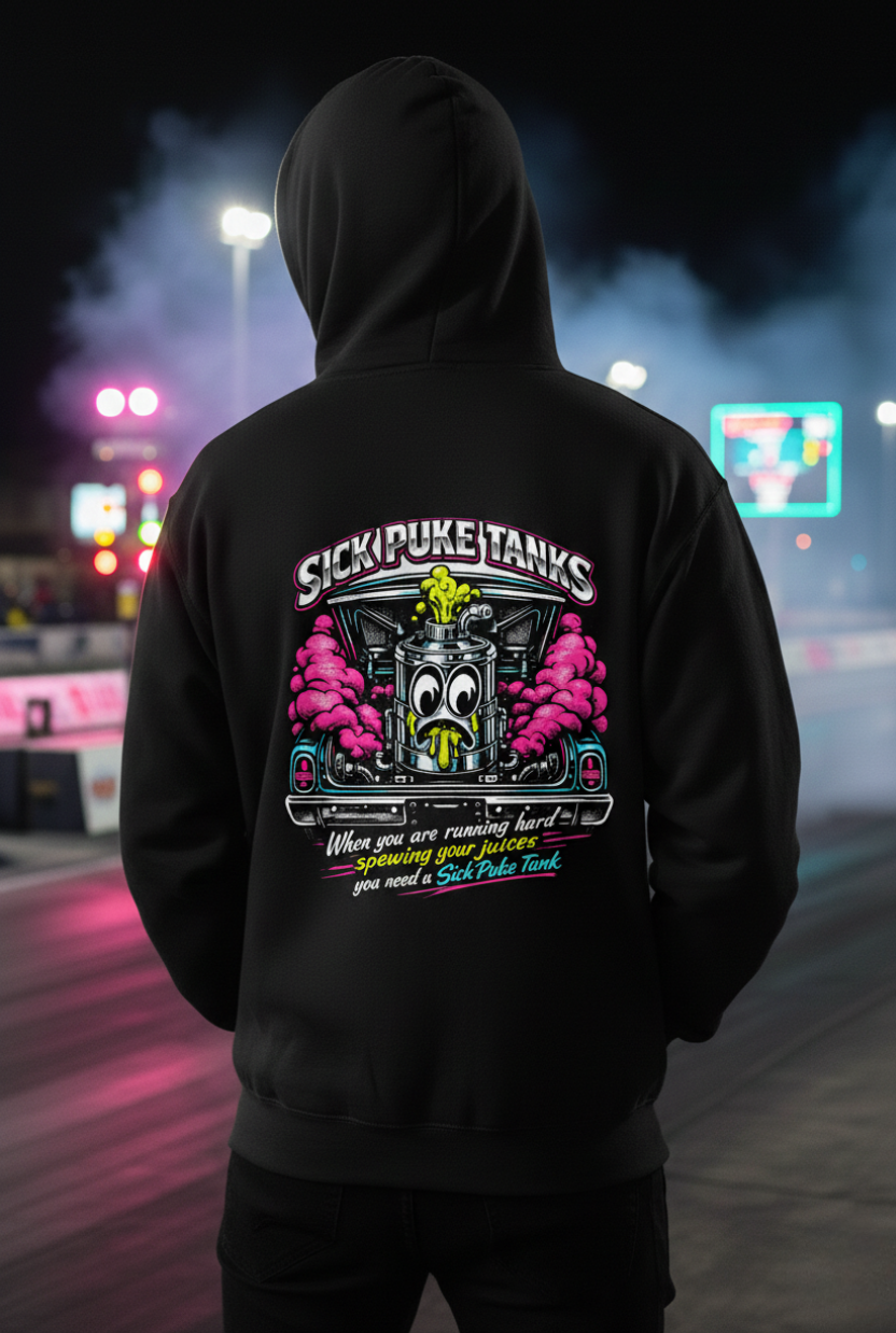 Sick Puke Tank Hoodie — Funny Drag Racing Hoodie with Front Logo & Big Back Print