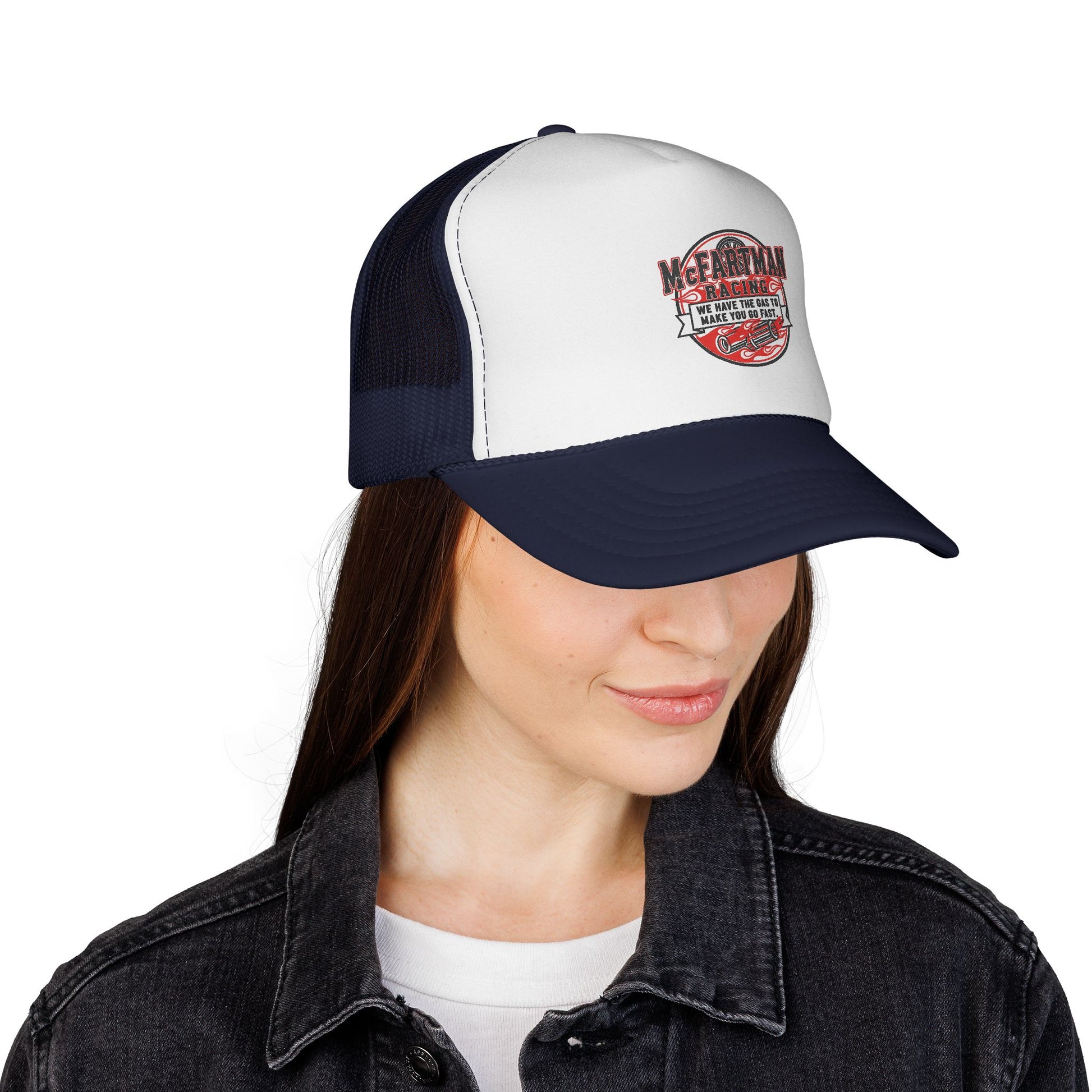Person wearing a navy and white cap with a logo McFARTMAN Racing We have the gas to make you go fast on a white background